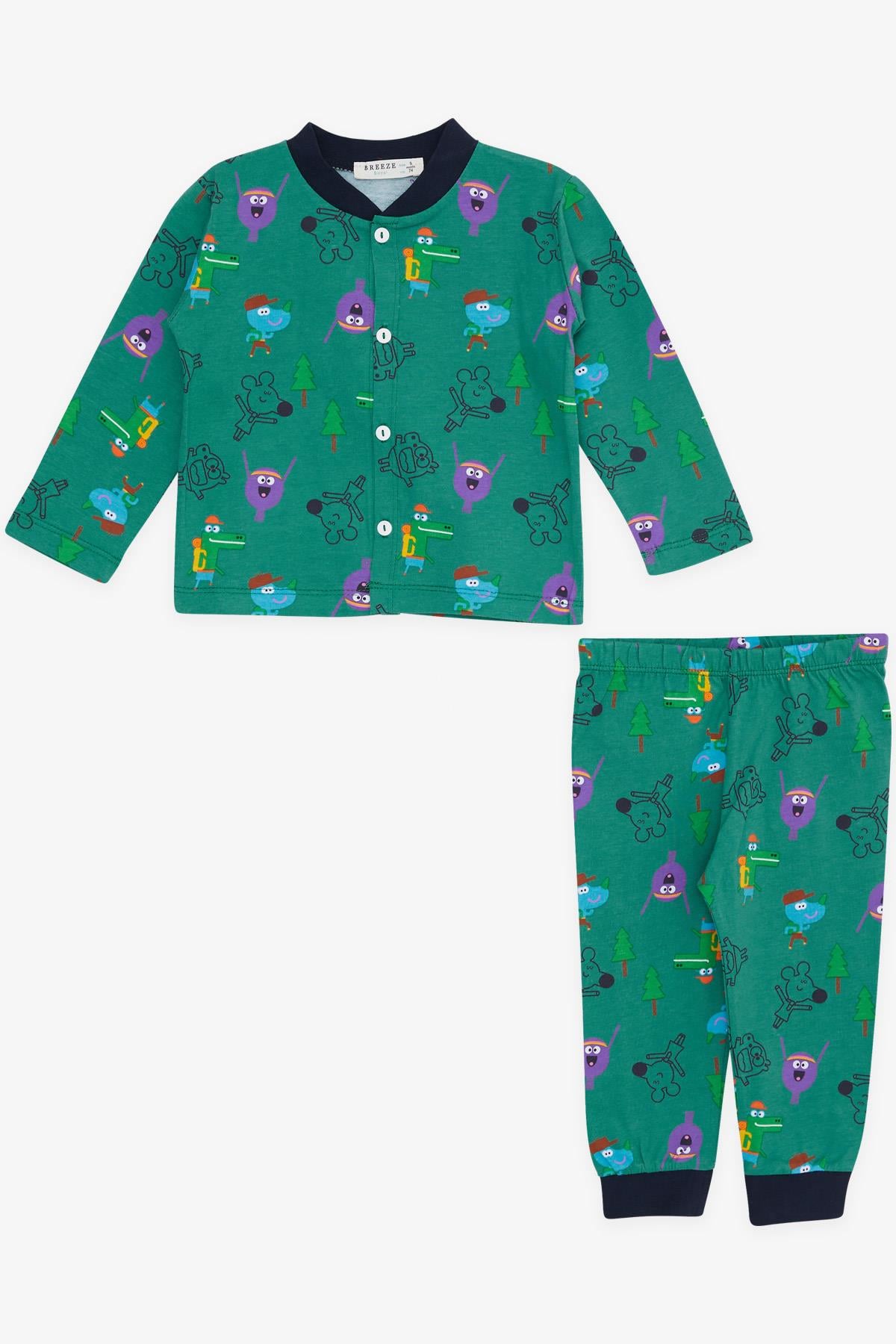 Breeze Erkek Bebek Pijama Takımı Çılgın Hayvancıklar Desenli Yeşil (4 Ay-1 Yaş)