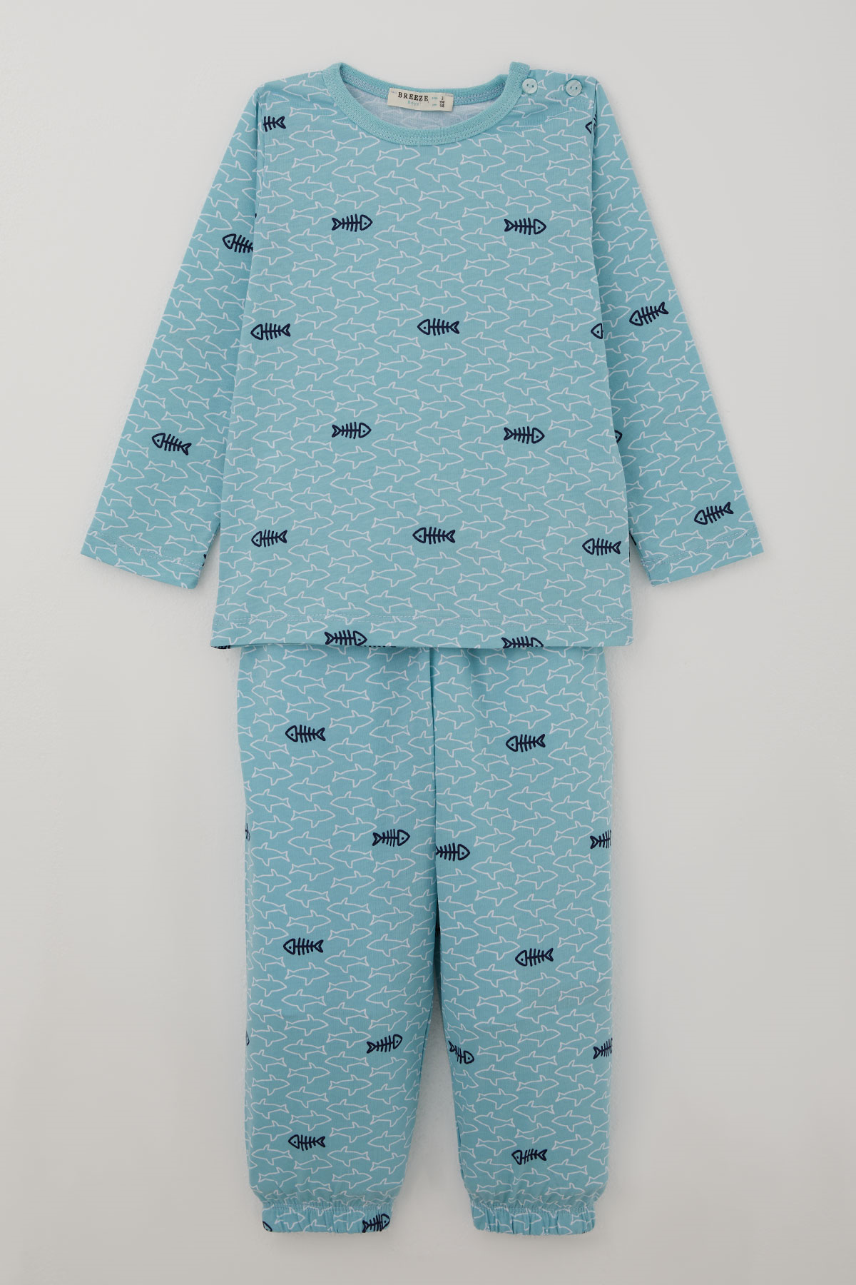 Breeze Erkek Bebek Pijama Takımı Deniz Temalı Köpekbalığı Desenli Turkuaz (9 Ay-3 Yaş)