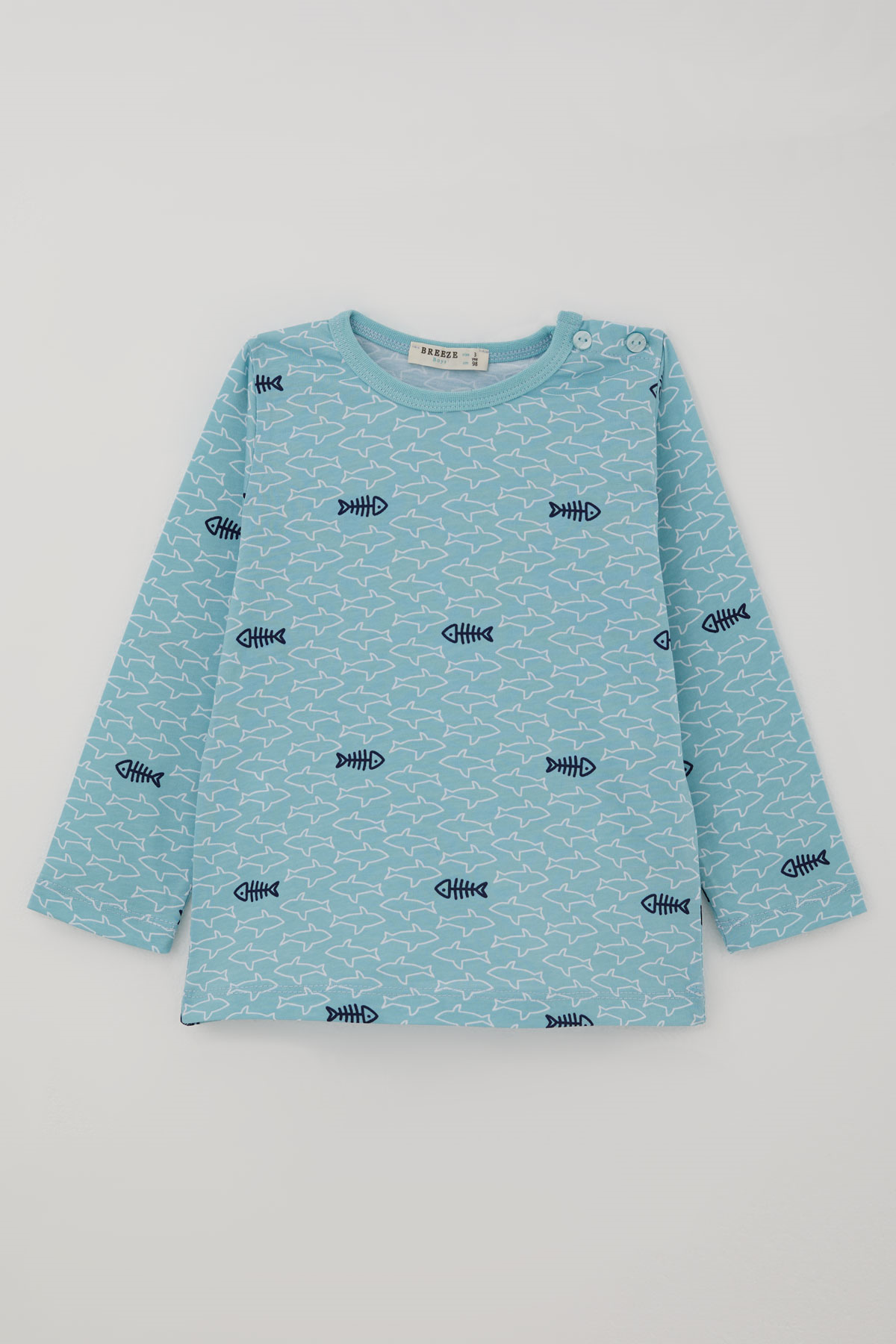 Breeze Erkek Bebek Pijama Takımı Deniz Temalı Köpekbalığı Desenli Turkuaz (9 Ay-3 Yaş)