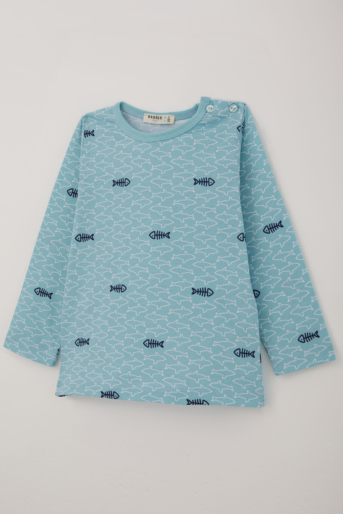 Breeze Erkek Bebek Pijama Takımı Deniz Temalı Köpekbalığı Desenli Turkuaz (9 Ay-3 Yaş)