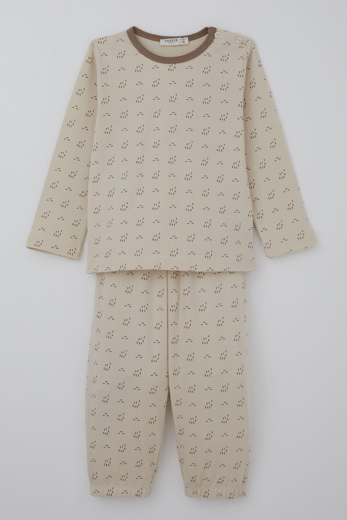 Breeze Erkek Bebek Pijama Takımı Desenli Beli Lastikli Bej (9 Ay-3 Yaş)