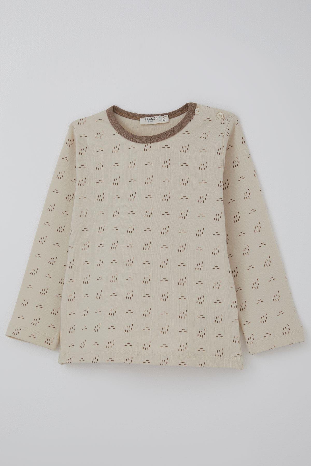 Breeze Erkek Bebek Pijama Takımı Desenli Beli Lastikli Bej (9 Ay-3 Yaş)