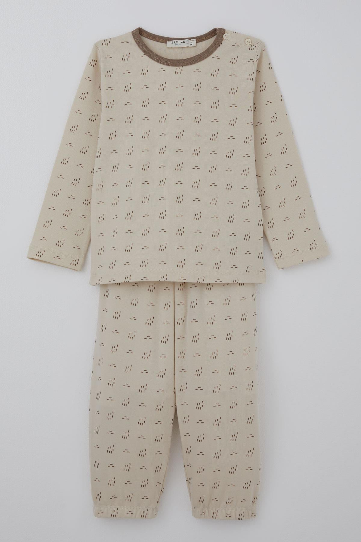 Breeze Erkek Bebek Pijama Takımı Desenli Beli Lastikli Bej (1 Yaş)
