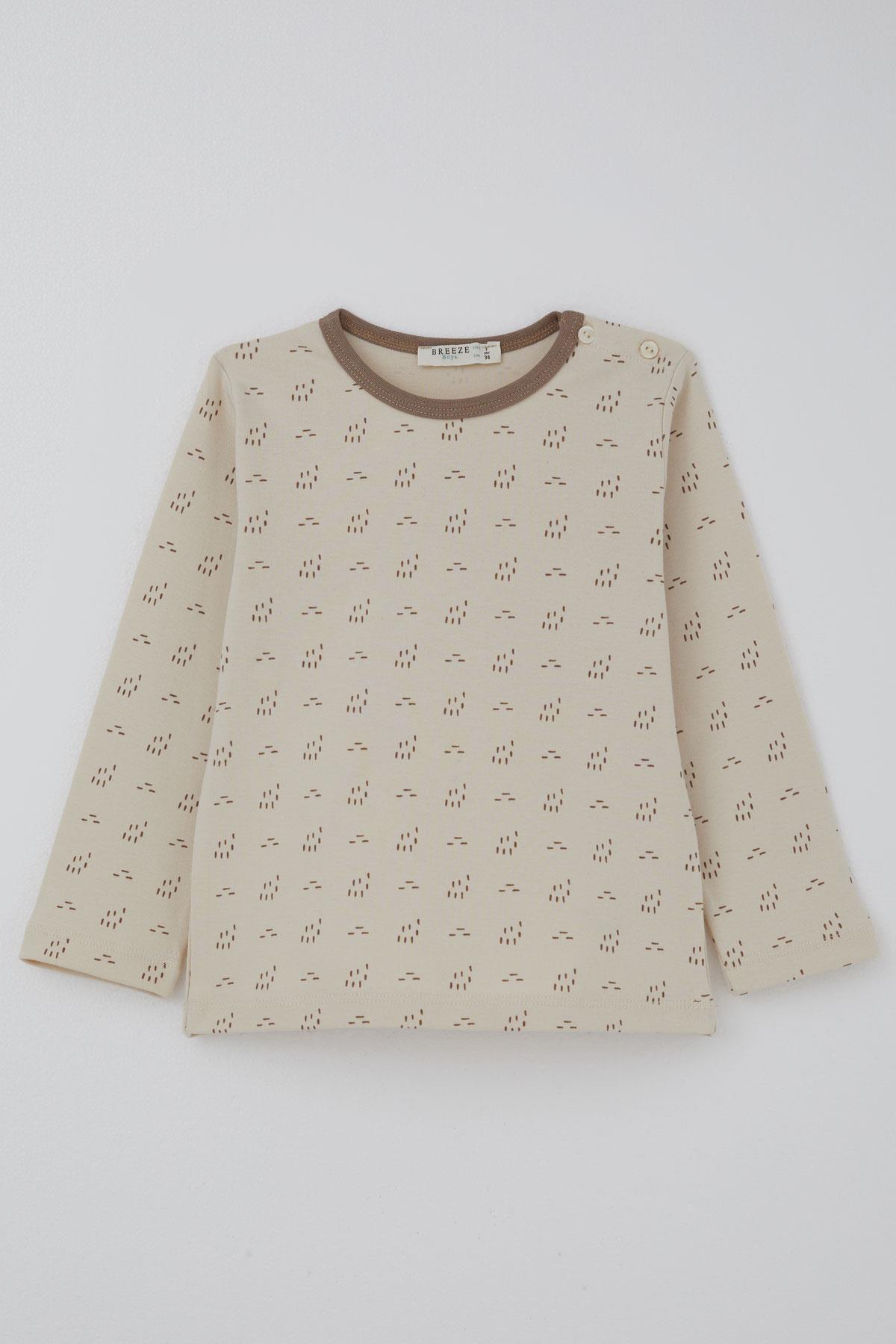 Breeze Erkek Bebek Pijama Takımı Desenli Beli Lastikli Bej (9 Ay-3 Yaş)