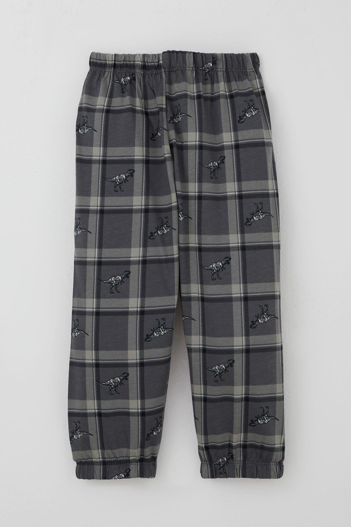 Breeze Erkek Bebek  Pijama Takımı Dinozor Krallığı Ekose Desenli Gri (9 Ay-3 Yaş)