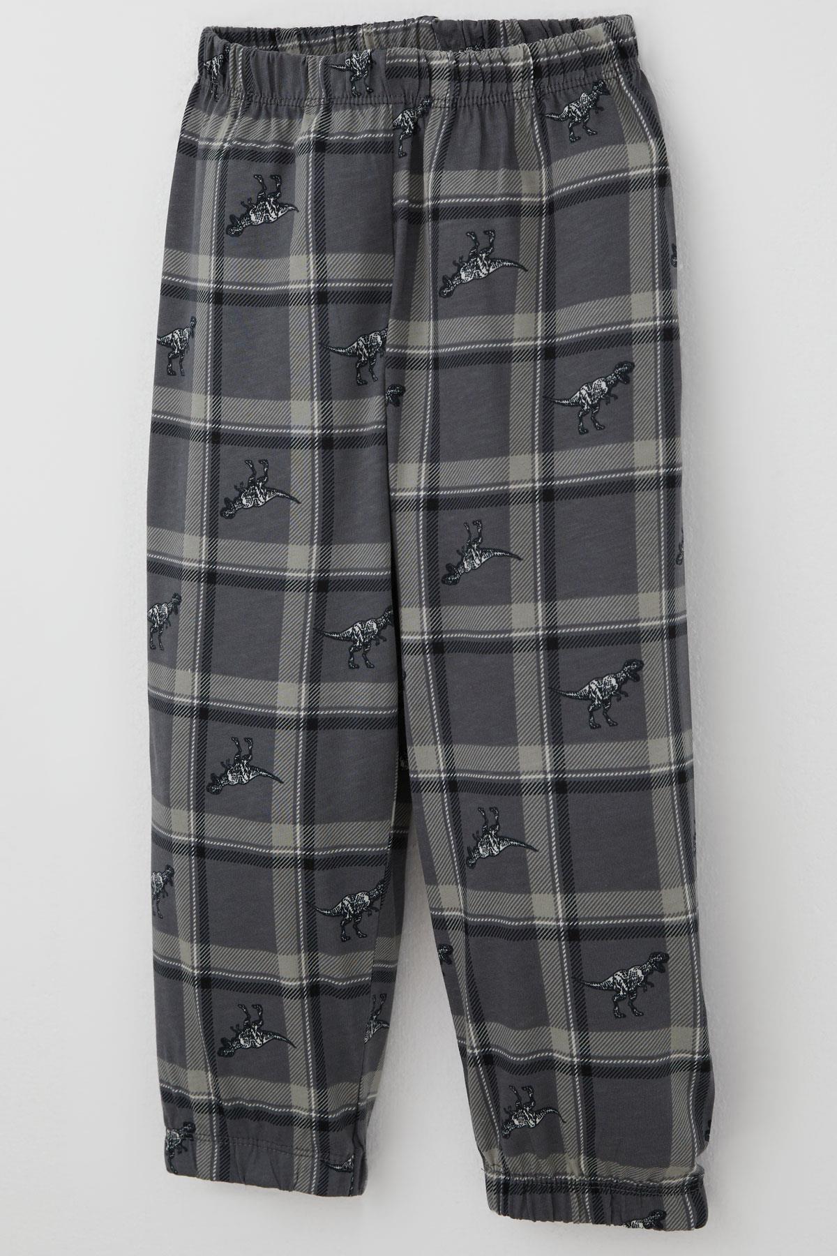 Breeze Erkek Bebek  Pijama Takımı Dinozor Krallığı Ekose Desenli Gri (9 Ay-3 Yaş)