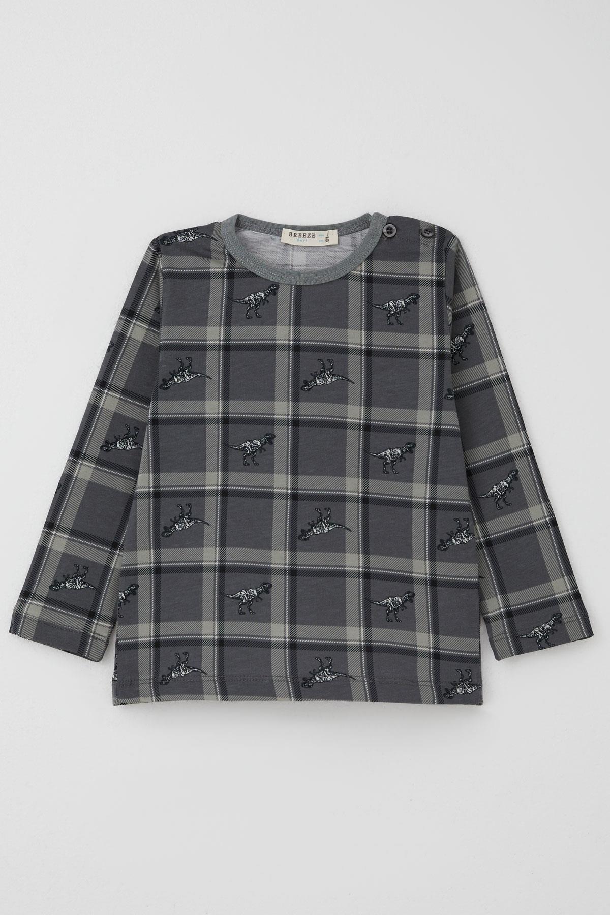 Breeze Erkek Bebek  Pijama Takımı Dinozor Krallığı Ekose Desenli Gri (9 Ay-3 Yaş)