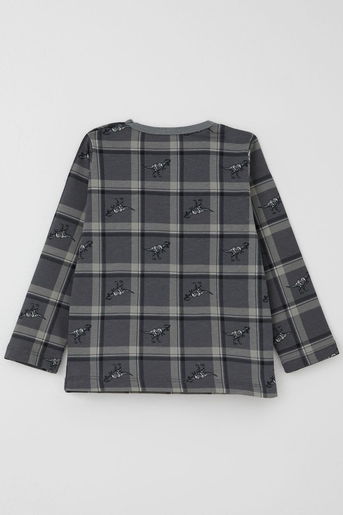 Breeze Erkek Bebek  Pijama Takımı Dinozor Krallığı Ekose Desenli Gri (9 Ay-3 Yaş)