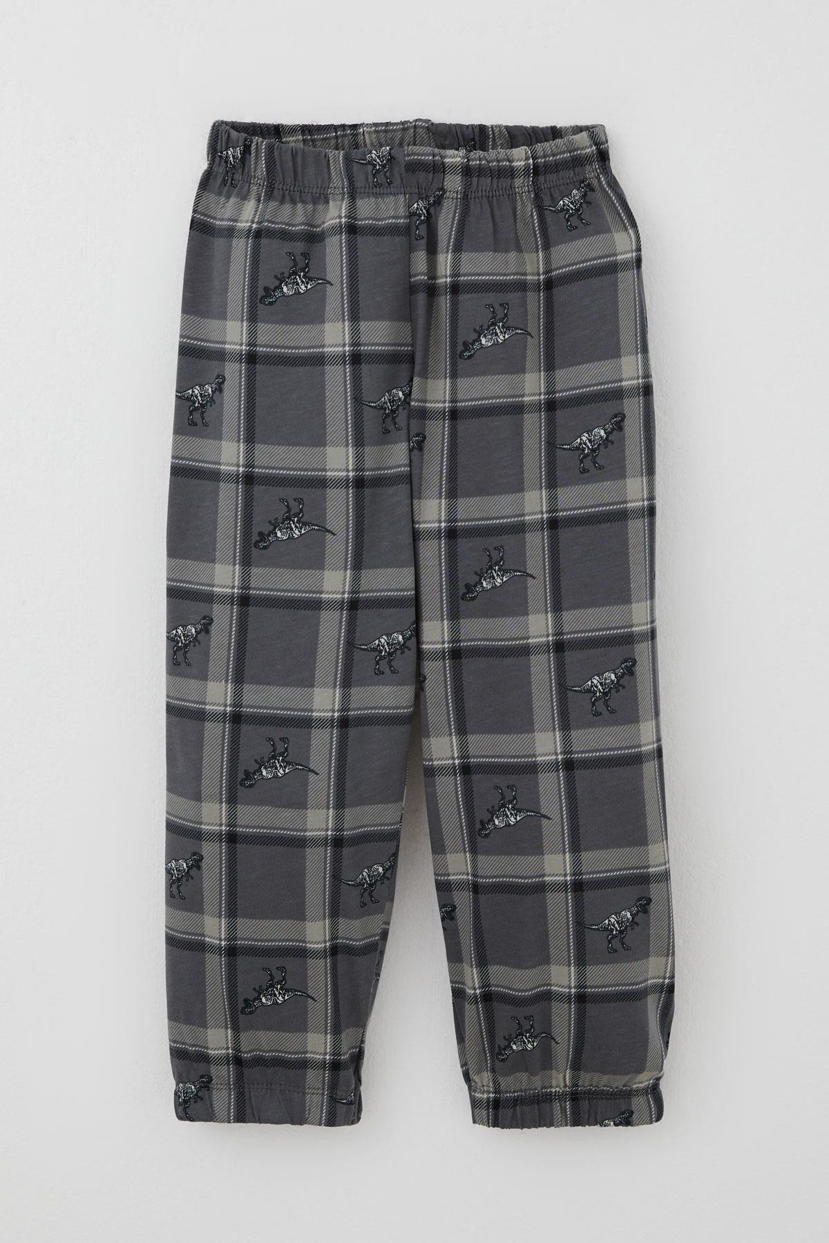 Breeze Erkek Bebek  Pijama Takımı Dinozor Krallığı Ekose Desenli Gri (9 Ay-3 Yaş)