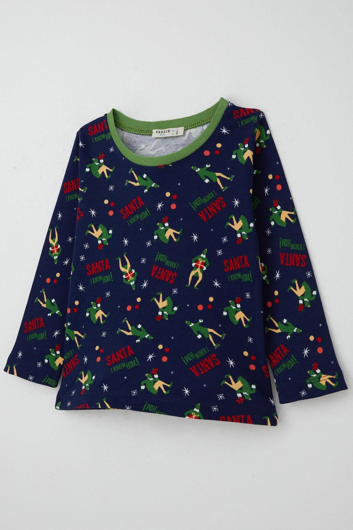Breeze Erkek Bebek Pijama Takımı Eğlenceli Noel Baba Desenli Lacivert (9 Ay-3 Yaş)