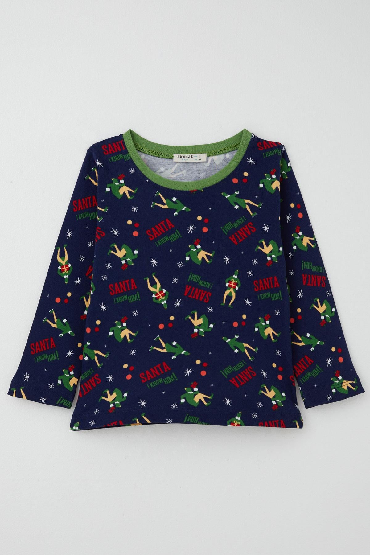Breeze Erkek Bebek Pijama Takımı Eğlenceli Noel Baba Desenli Lacivert (9 Ay-3 Yaş)