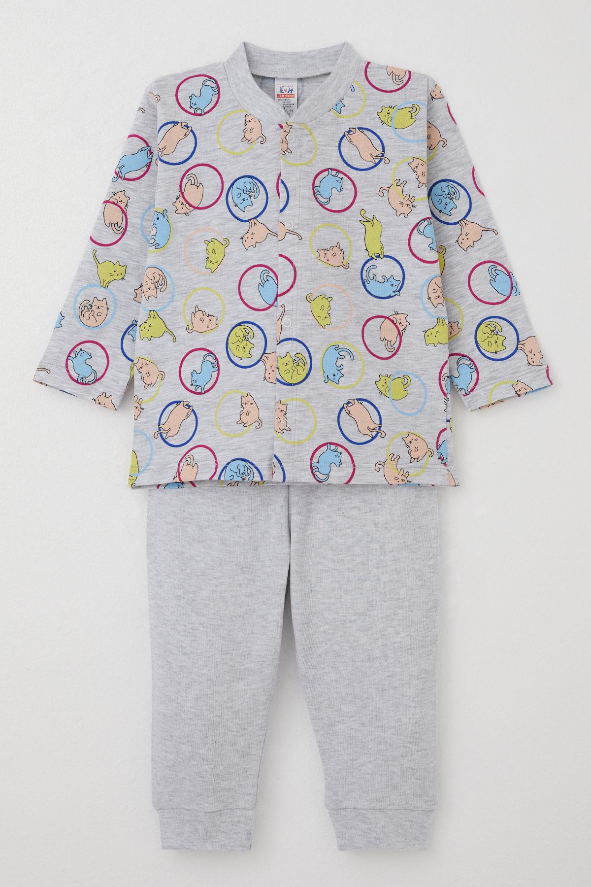 Breeze Erkek Bebek Pijama Takımı Hareketli Kedicik Desenli Gri Melanj (4 Ay-1 Yaş)