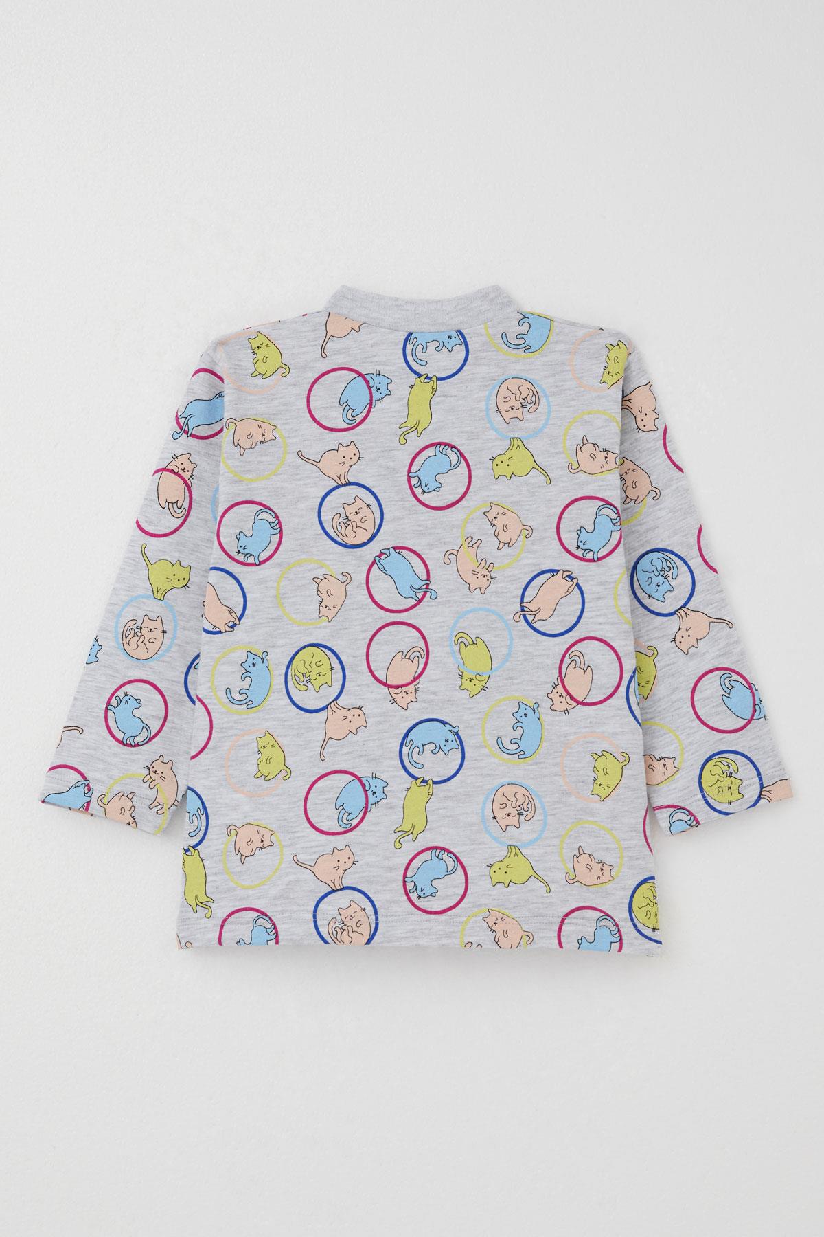 Breeze Erkek Bebek Pijama Takımı Hareketli Kedicik Desenli Gri Melanj (4 Ay-1 Yaş)