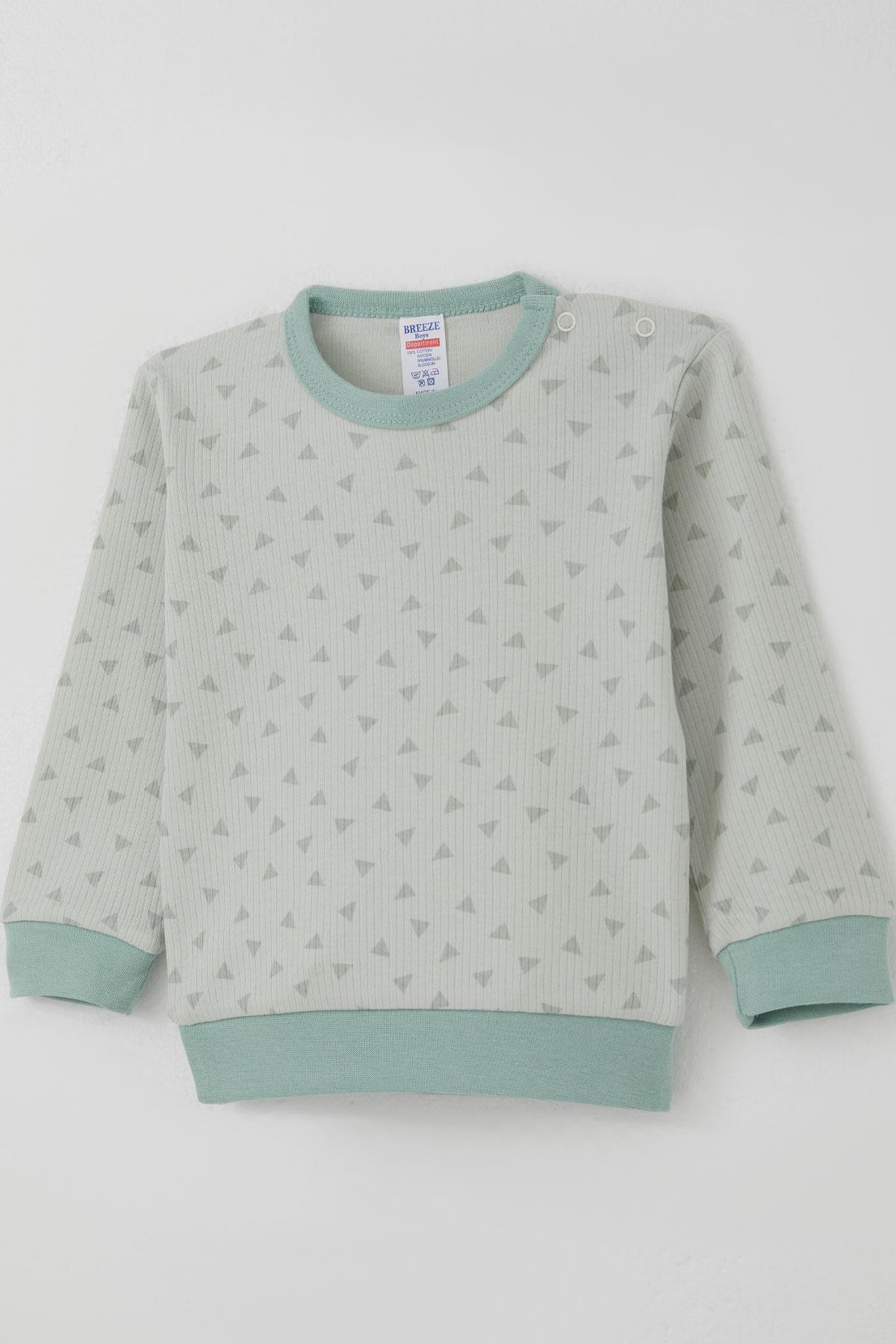 Breeze Erkek Bebek Pijama Takımı Omuzdan Patlı Mini Üçgenler Desenli Su Yeşili (4 Ay-1 Yaş)