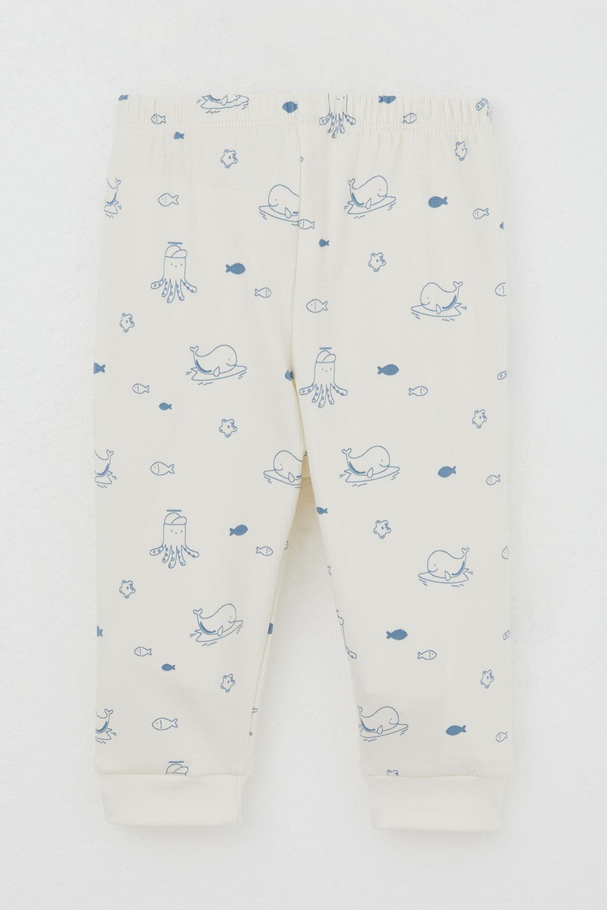 Breeze Erkek Bebek Pijama Takımı Omuzdan Patlı Sevimli Deniz Hayvanları Desenli Krem (4 Ay-1 Yaş)