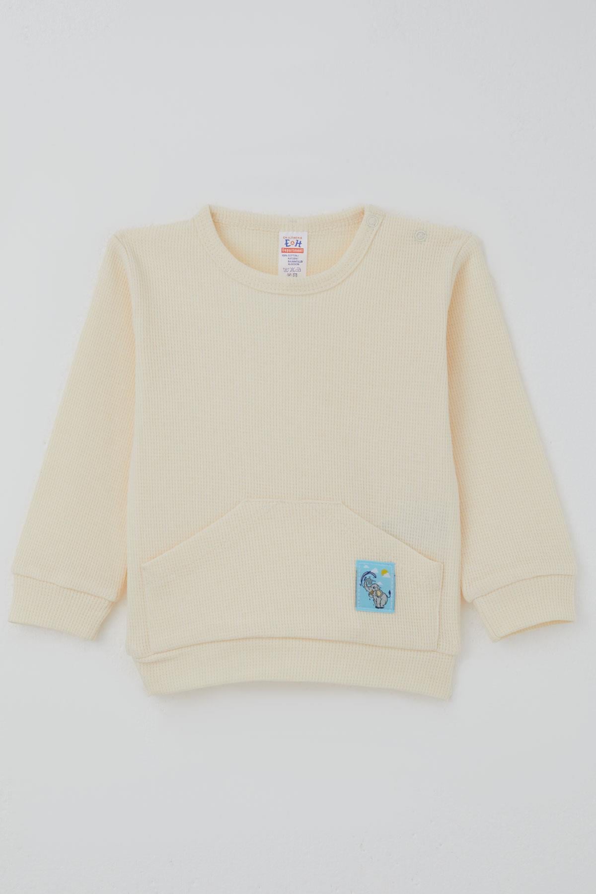 Breeze Erkek Bebek Pijama Takımı Omuzdan Patlı Kanguru Cepli Sevimli Fil Armalı Krem (4 Ay-1 Yaş)