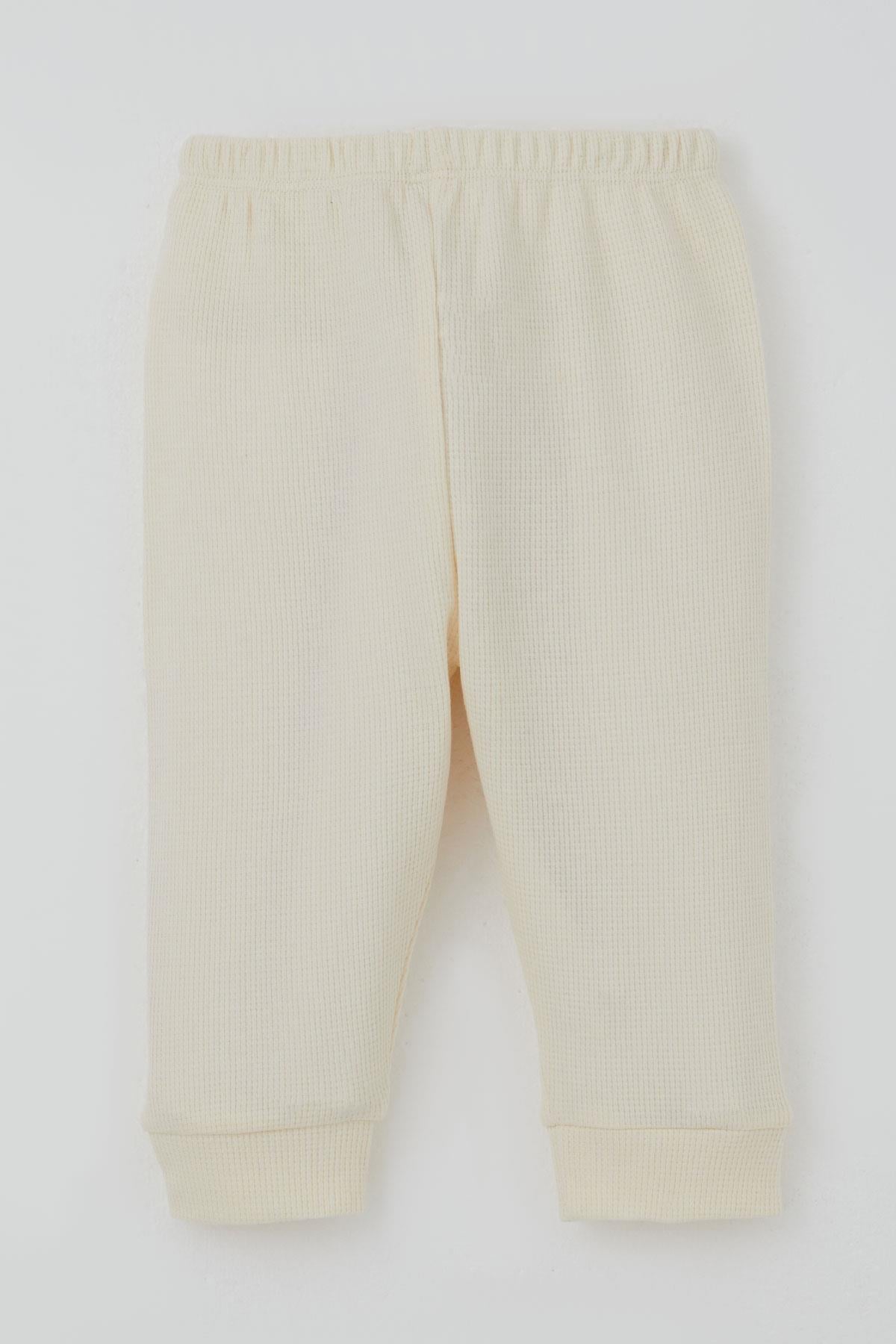 Breeze Erkek Bebek Pijama Takımı Omuzdan Patlı Kanguru Cepli Sevimli Fil Armalı Krem (4 Ay-1 Yaş)