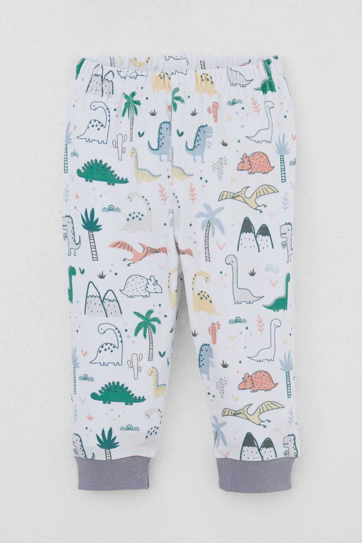 Breeze Erkek Bebek Pijama Takımı Omuzdan Patlı Sevimli Dinozorlar Desenli Beyaz (4 Ay-1 Yaş)