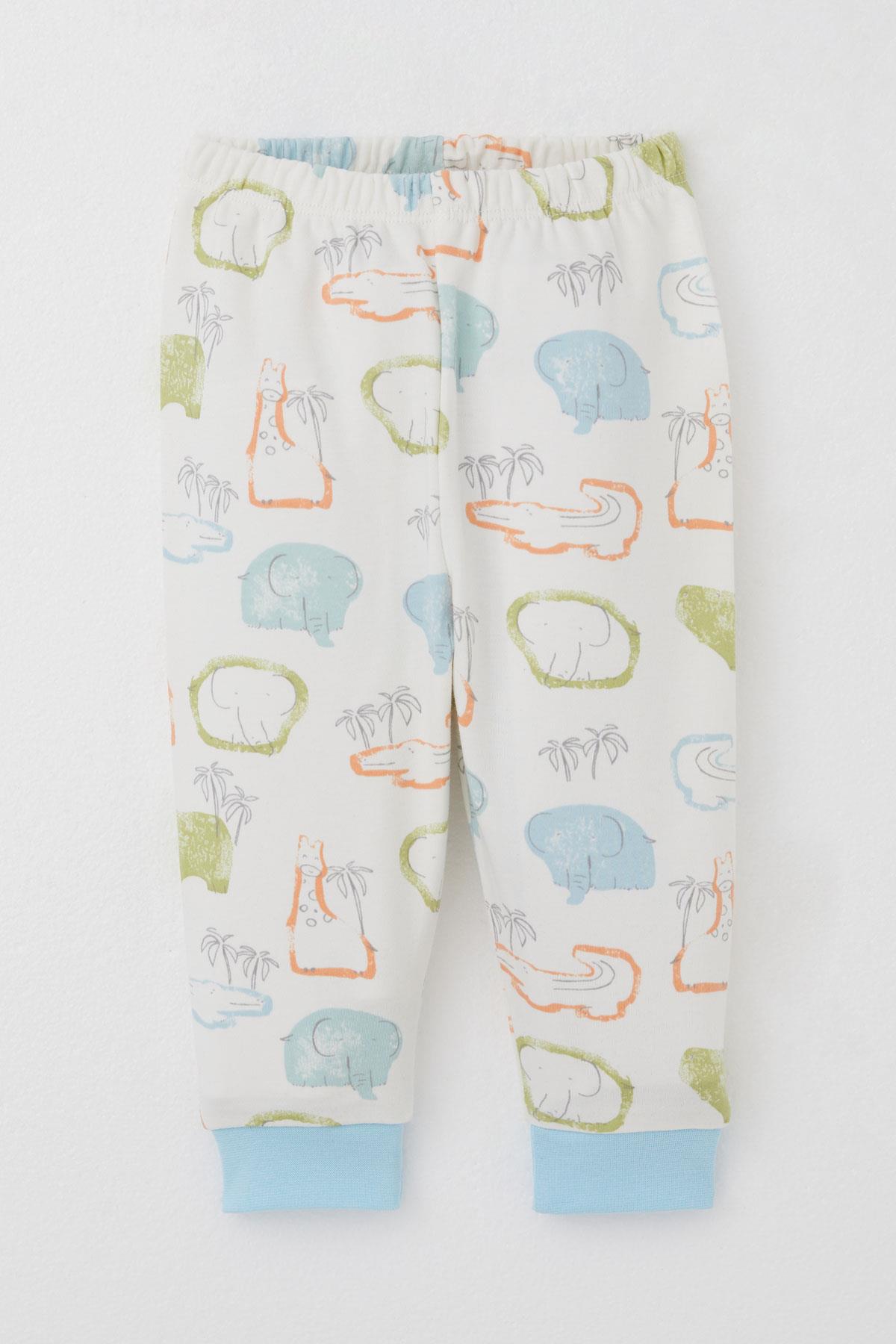 Breeze Erkek Bebek Pijama Takımı Omuzdan Patlı Safari Temalı Hayvancıklar Desenli Ekru (4 Ay-1 Yaş)