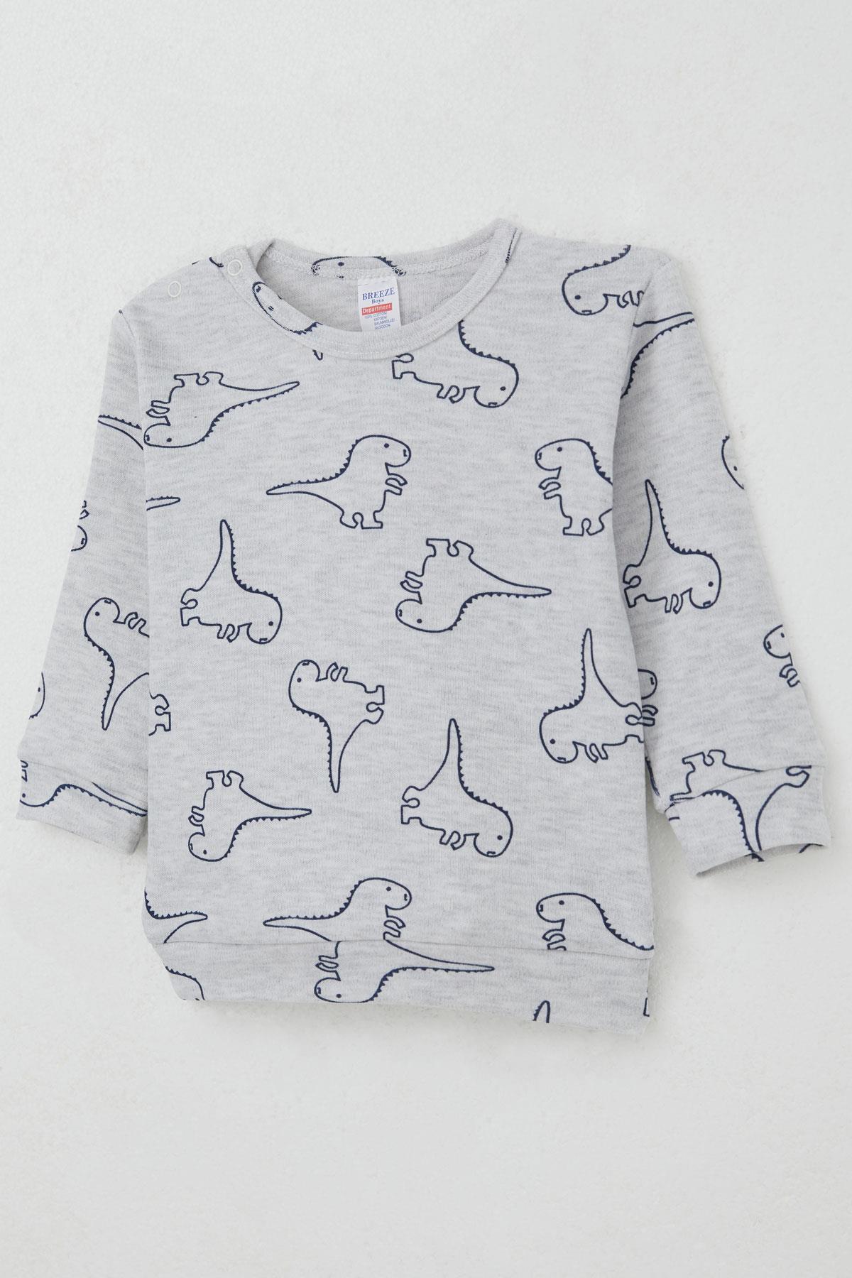 Breeze Erkek Bebek Pijama Takımı Omuzdan Patlı Sevimli Dinozor Desenli Açık Gri Melanj (4 Ay-1 Yaş)