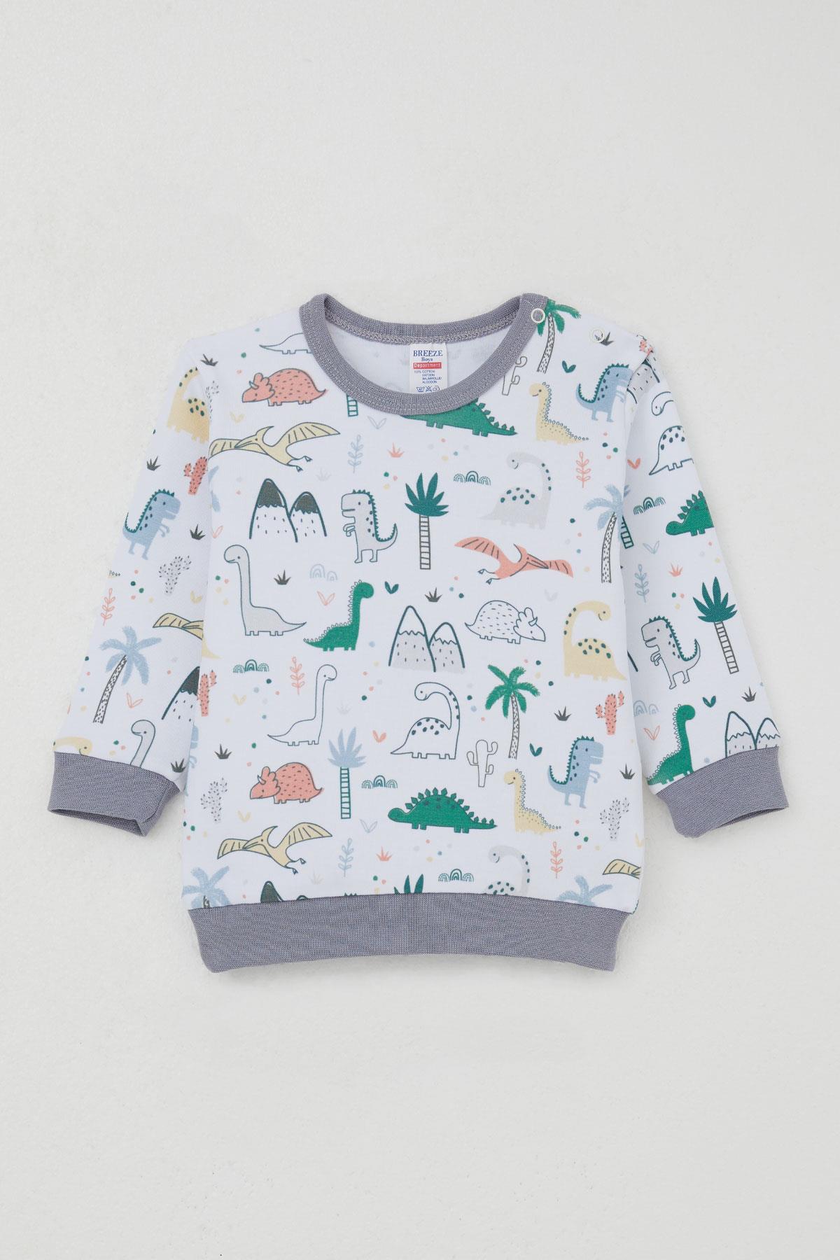 Breeze Erkek Bebek Pijama Takımı Omuzdan Patlı Sevimli Dinozorlar Desenli Beyaz (4 Ay-1 Yaş)