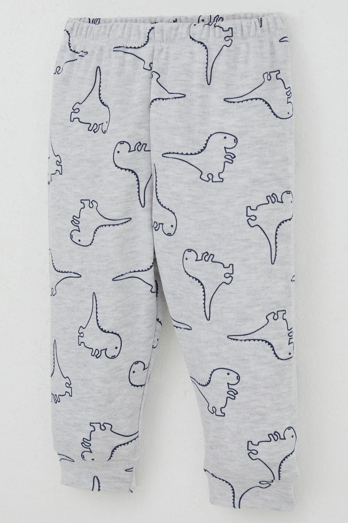 Breeze Erkek Bebek Pijama Takımı Omuzdan Patlı Sevimli Dinozor Desenli Açık Gri Melanj (4 Ay-1 Yaş)