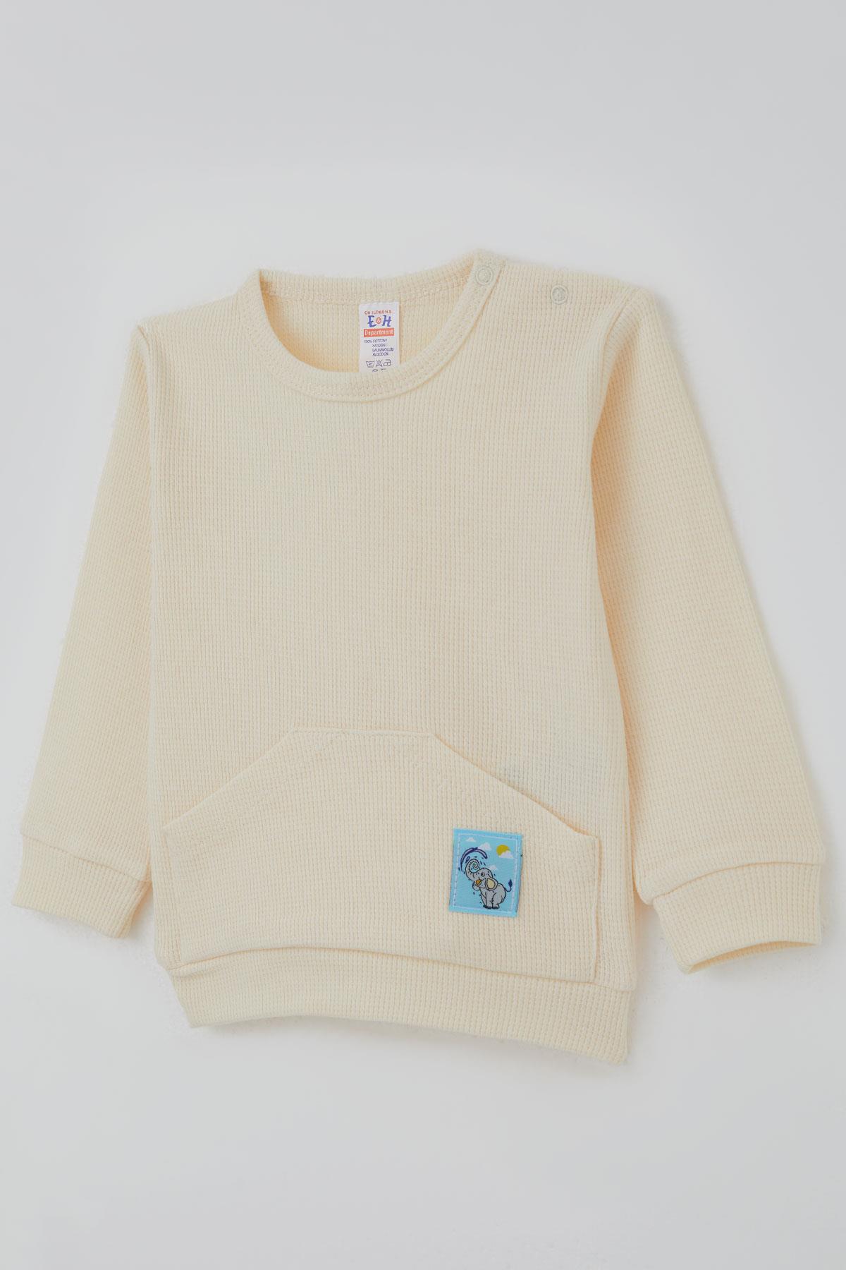 Breeze Erkek Bebek Pijama Takımı Omuzdan Patlı Kanguru Cepli Sevimli Fil Armalı Krem (4 Ay-1 Yaş)