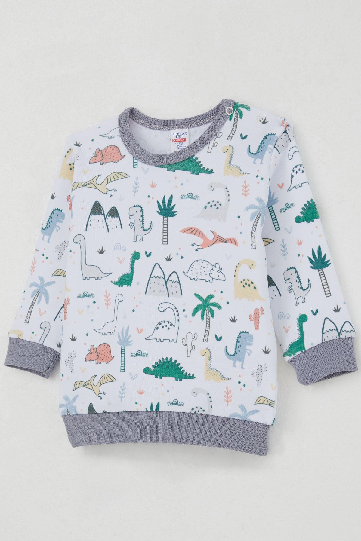 Breeze Erkek Bebek Pijama Takımı Omuzdan Patlı Sevimli Dinozorlar Desenli Beyaz (4 Ay-1 Yaş)