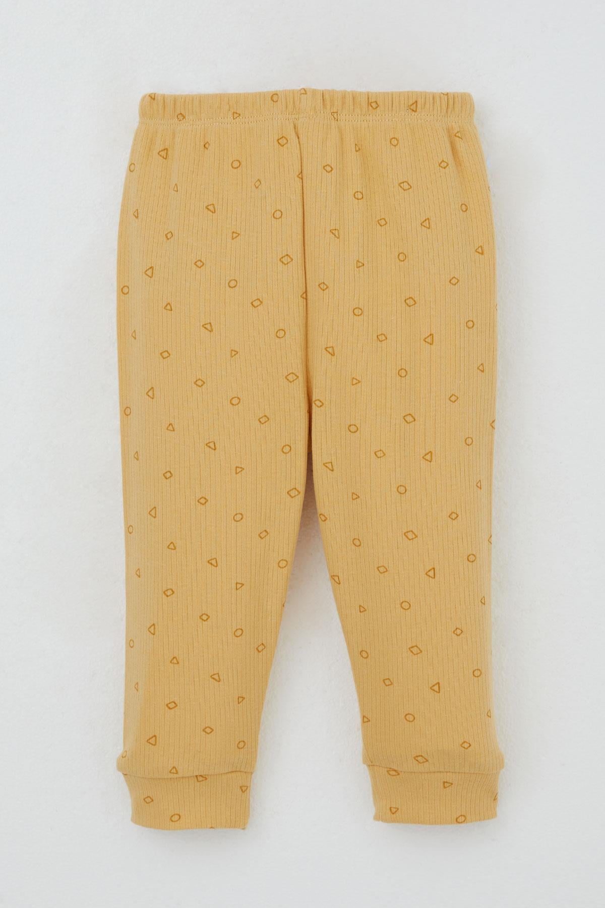 Breeze Erkek Bebek Pijama Takımı Omuzdan Patlı Minik Geometrik Şekiller Hardal Sarı (4 Ay-1 Yaş)