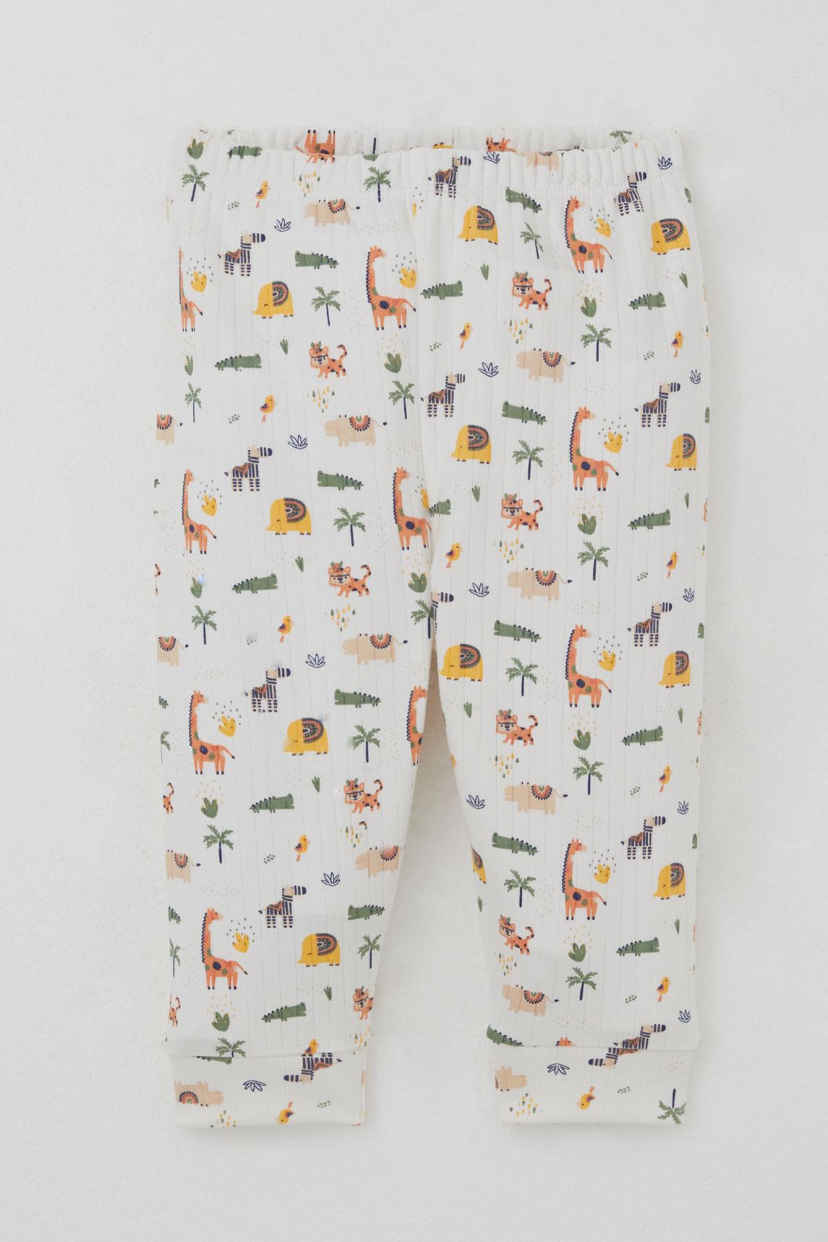 Breeze Erkek Bebek Pijama Takımı Omuzdan Patlı Bebek Hayvanat Bahçesi Ekru (4 Ay-1 Yaş)