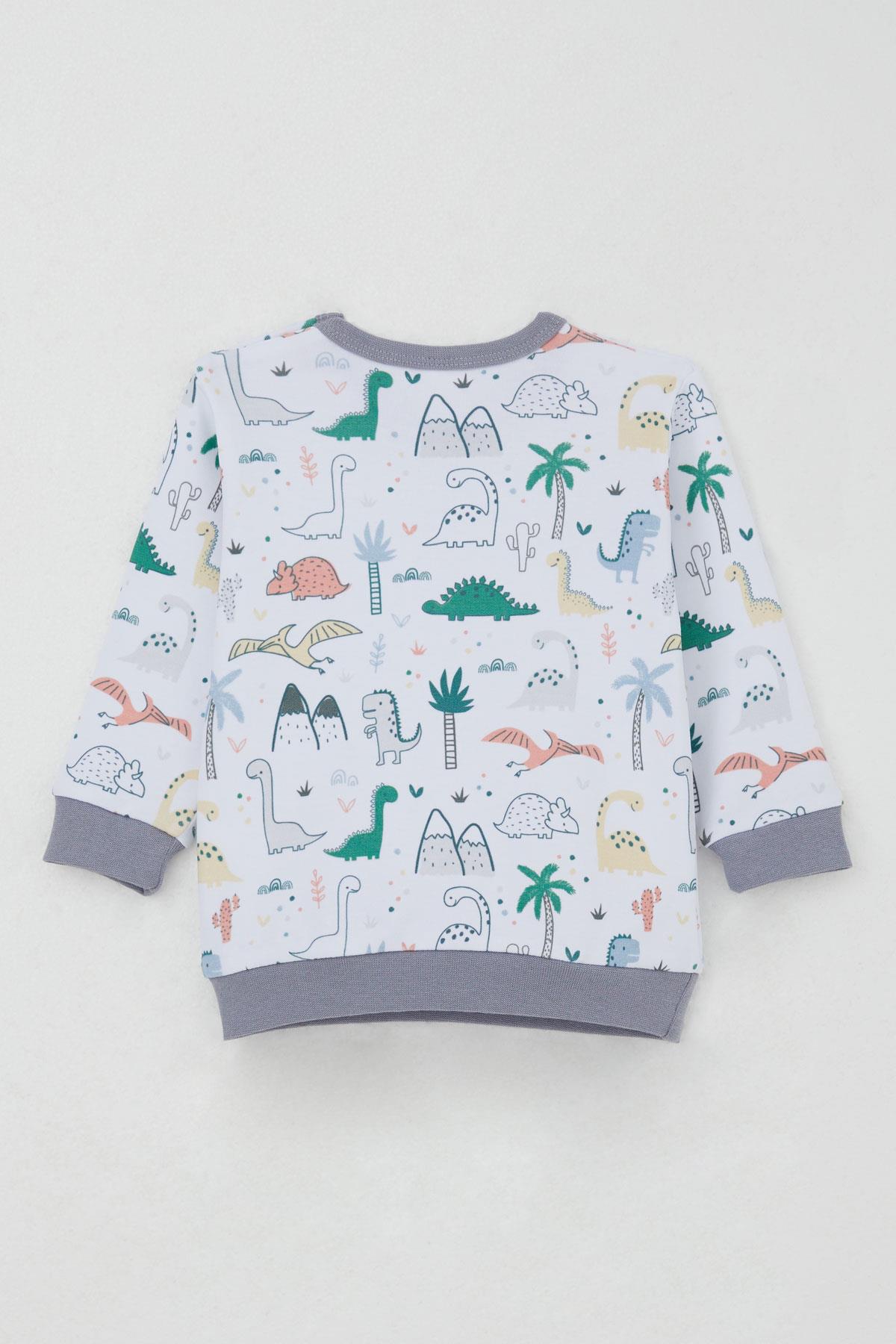 Breeze Erkek Bebek Pijama Takımı Omuzdan Patlı Sevimli Dinozorlar Desenli Beyaz (4 Ay-1 Yaş)