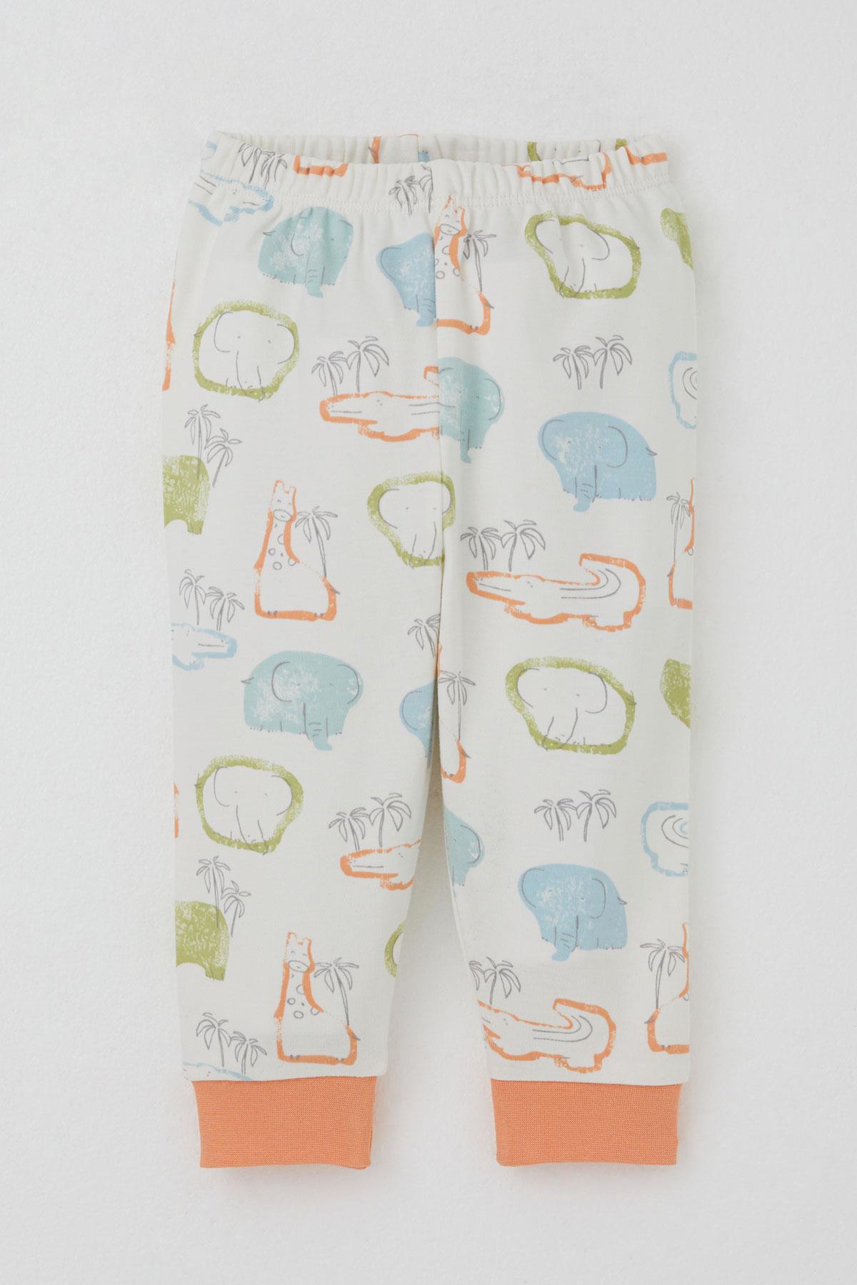 Breeze Erkek Bebek Pijama Takımı Omuzdan Patlı Safari Temalı Hayvancıklar Desenli Ekru (4 Ay-1 Yaş)