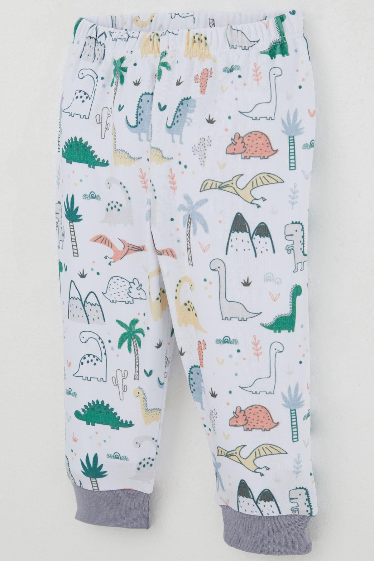 Breeze Erkek Bebek Pijama Takımı Omuzdan Patlı Sevimli Dinozorlar Desenli Beyaz (4 Ay-1 Yaş)