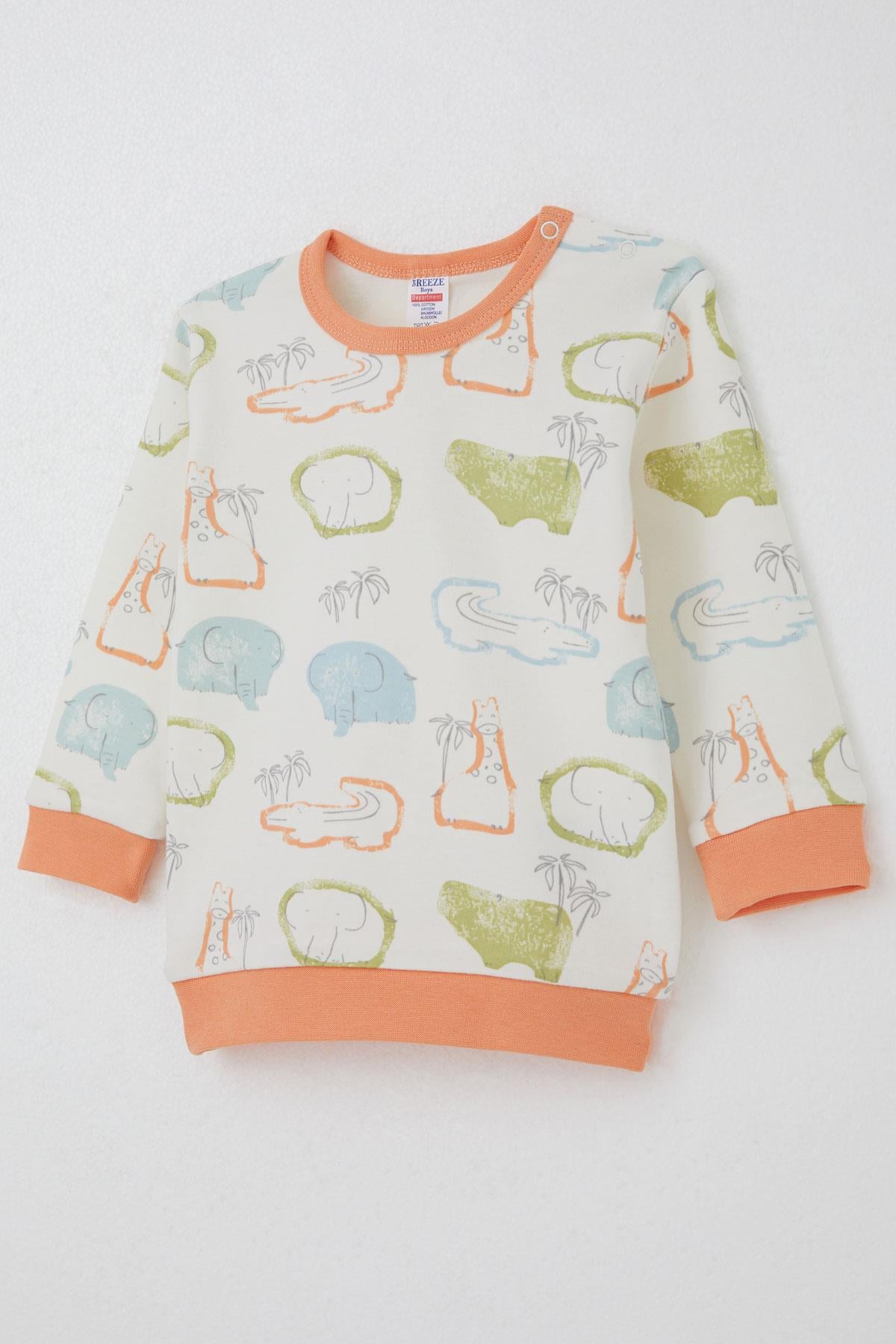 Breeze Erkek Bebek Pijama Takımı Omuzdan Patlı Safari Temalı Hayvancıklar Desenli Ekru (4 Ay-1 Yaş)