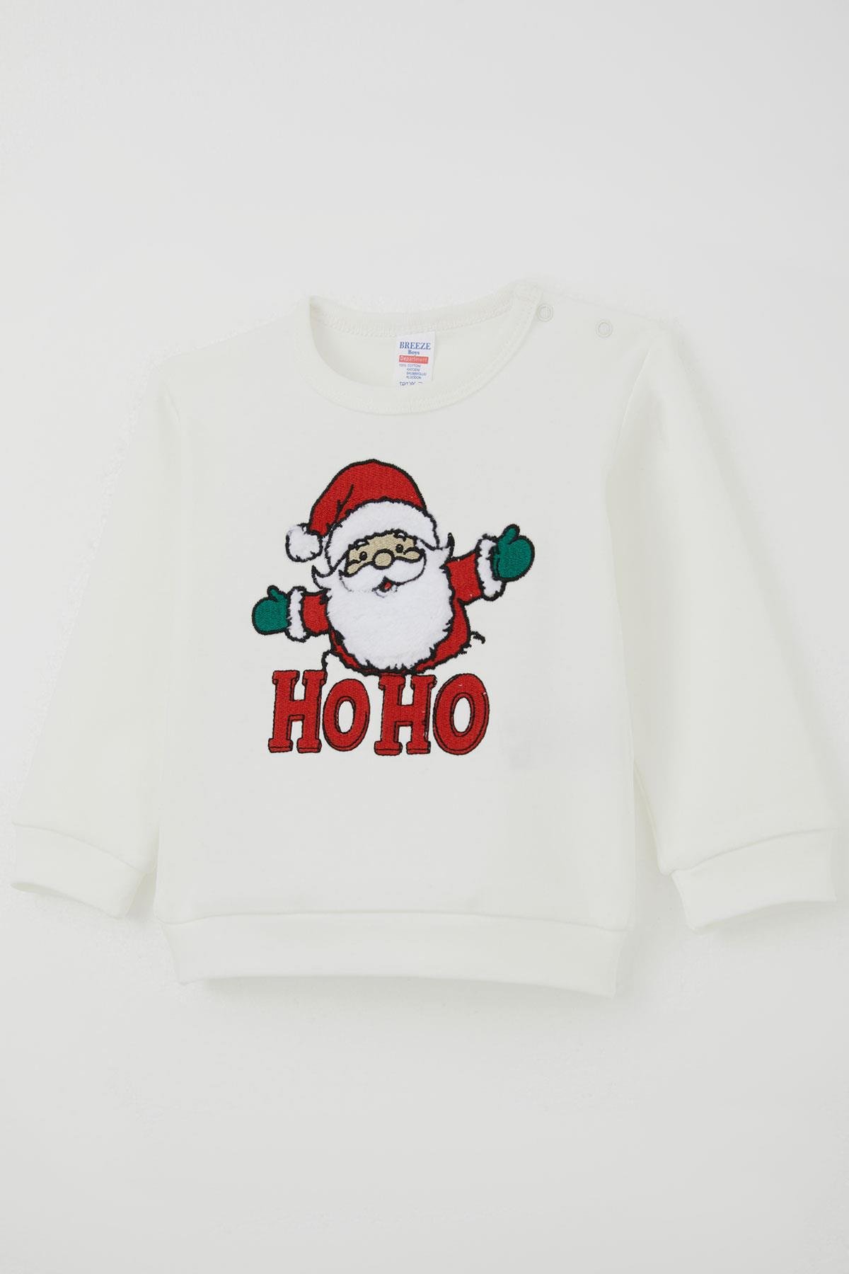 Breeze Erkek Bebek Pijama Takımı Omuzdan Patlı Peluş Sakallı Hoho Noel Baba Ekru (4 Ay-1 Yaş)