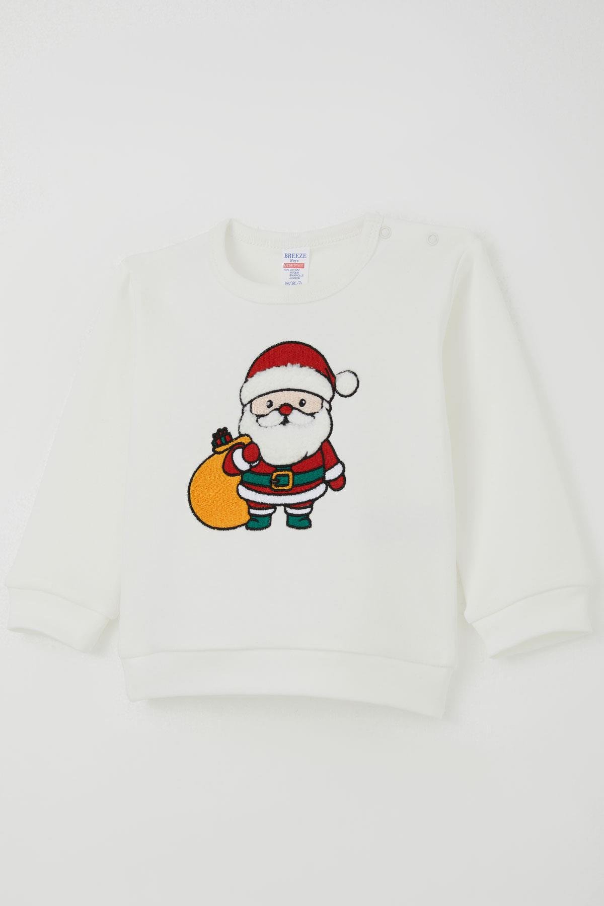 Breeze Erkek Bebek Pijama Takımı Omuzdan Patlı Yılbaşı Temalı Noel Baba Nakışlı Ekru (4 Ay-1 Yaş)