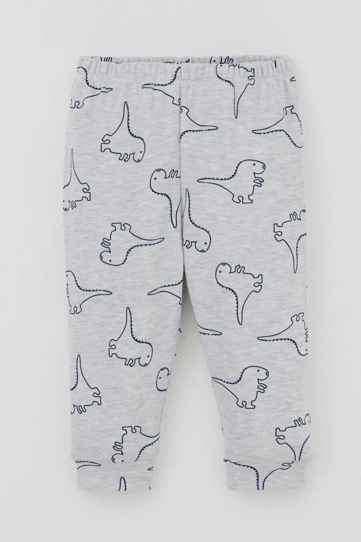 Breeze Erkek Bebek Pijama Takımı Omuzdan Patlı Sevimli Dinozor Desenli Açık Gri Melanj (4 Ay-1 Yaş)