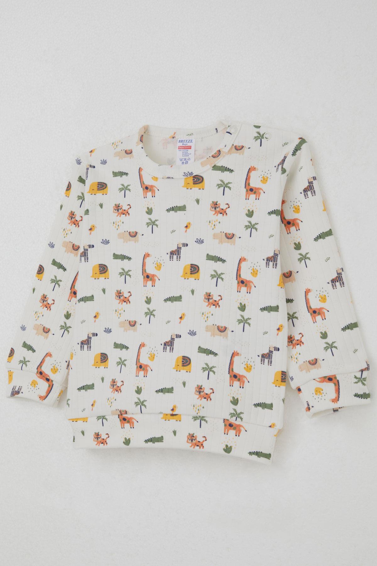 Breeze Erkek Bebek Pijama Takımı Omuzdan Patlı Bebek Hayvanat Bahçesi Ekru (4 Ay-1 Yaş)