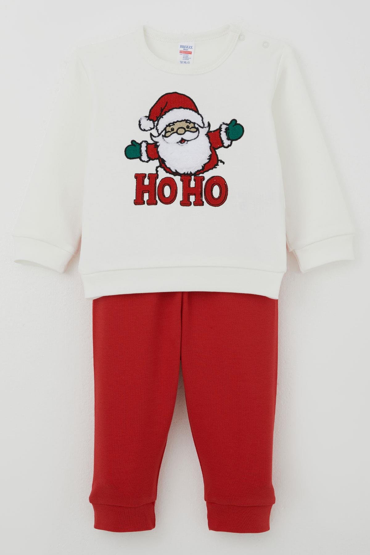Breeze Erkek Bebek Pijama Takımı Omuzdan Patlı Peluş Sakallı Hoho Noel Baba Ekru (4 Ay-1 Yaş)