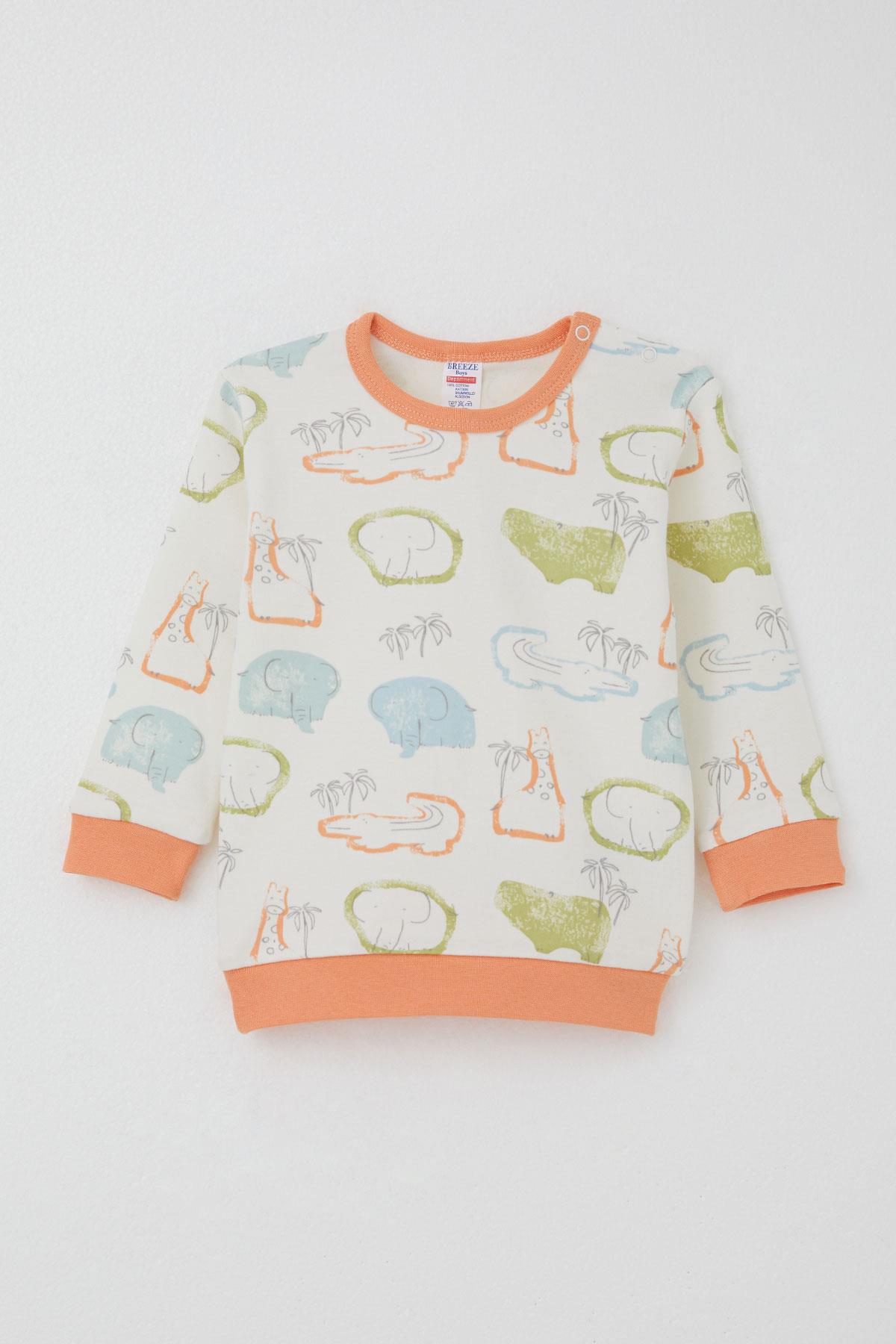 Breeze Erkek Bebek Pijama Takımı Omuzdan Patlı Safari Temalı Hayvancıklar Desenli Ekru (4 Ay-1 Yaş)