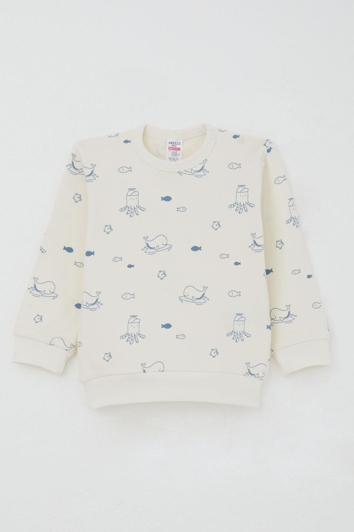 Breeze Erkek Bebek Pijama Takımı Omuzdan Patlı Sevimli Deniz Hayvanları Desenli Krem (4 Ay-1 Yaş)