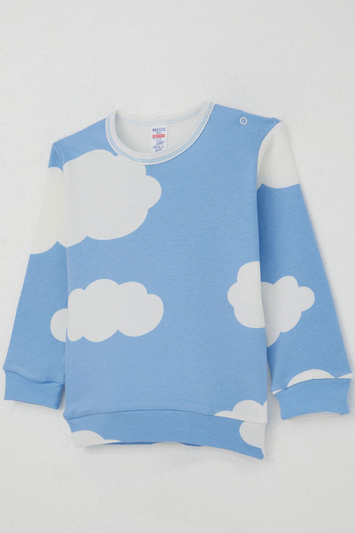 Breeze Erkek Bebek Pijama Takımı Omuzdan Patlı Bulut Desenli Mavi (4 Ay-1 Yaş)