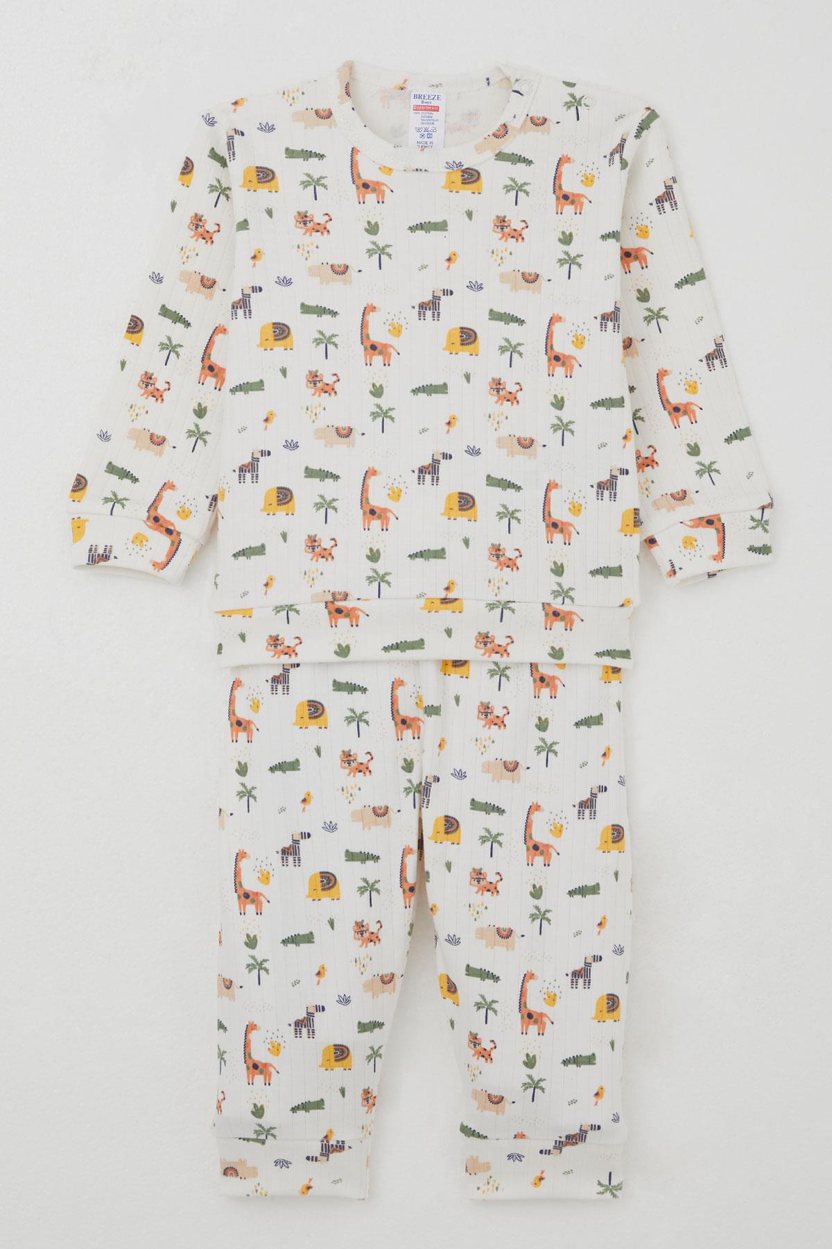 Breeze Erkek Bebek Pijama Takımı Omuzdan Patlı Bebek Hayvanat Bahçesi Ekru (4 Ay-1 Yaş)