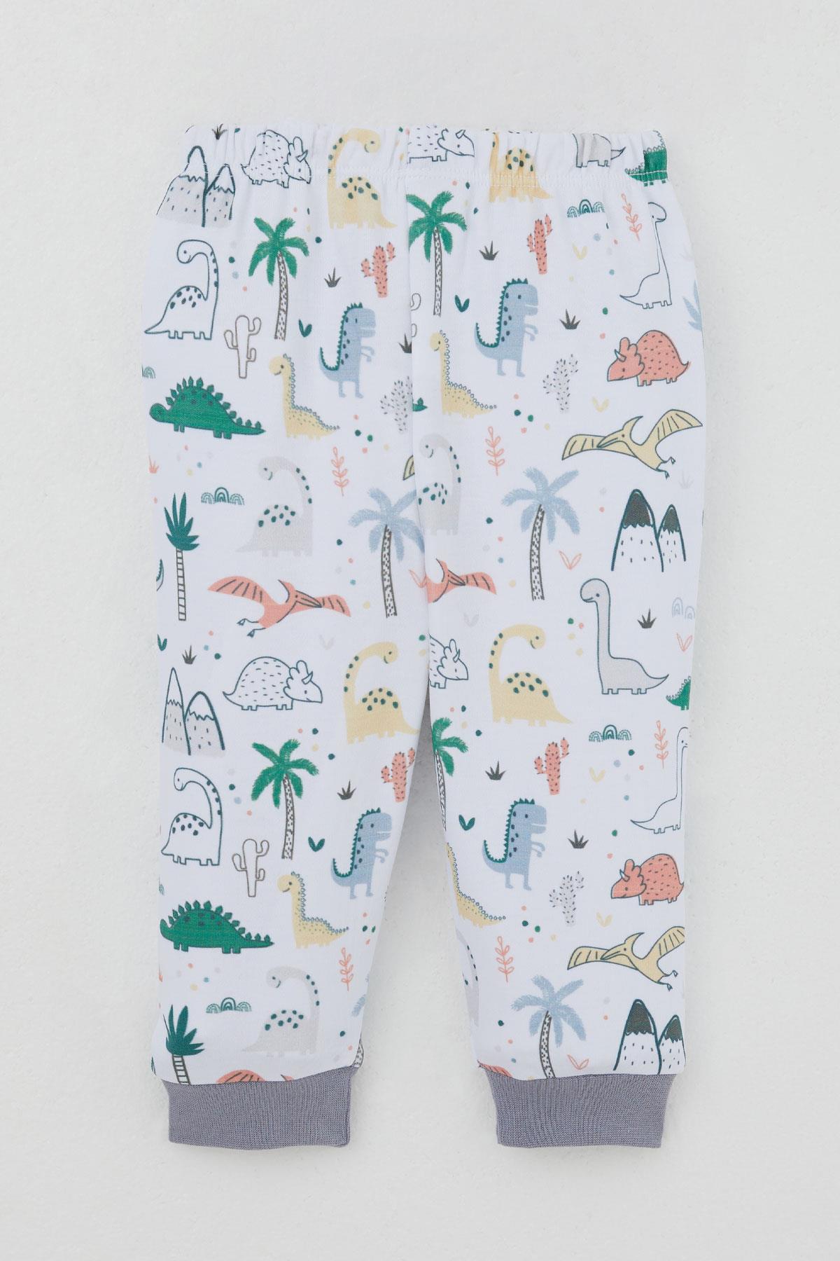 Breeze Erkek Bebek Pijama Takımı Omuzdan Patlı Sevimli Dinozorlar Desenli Beyaz (4 Ay-1 Yaş)