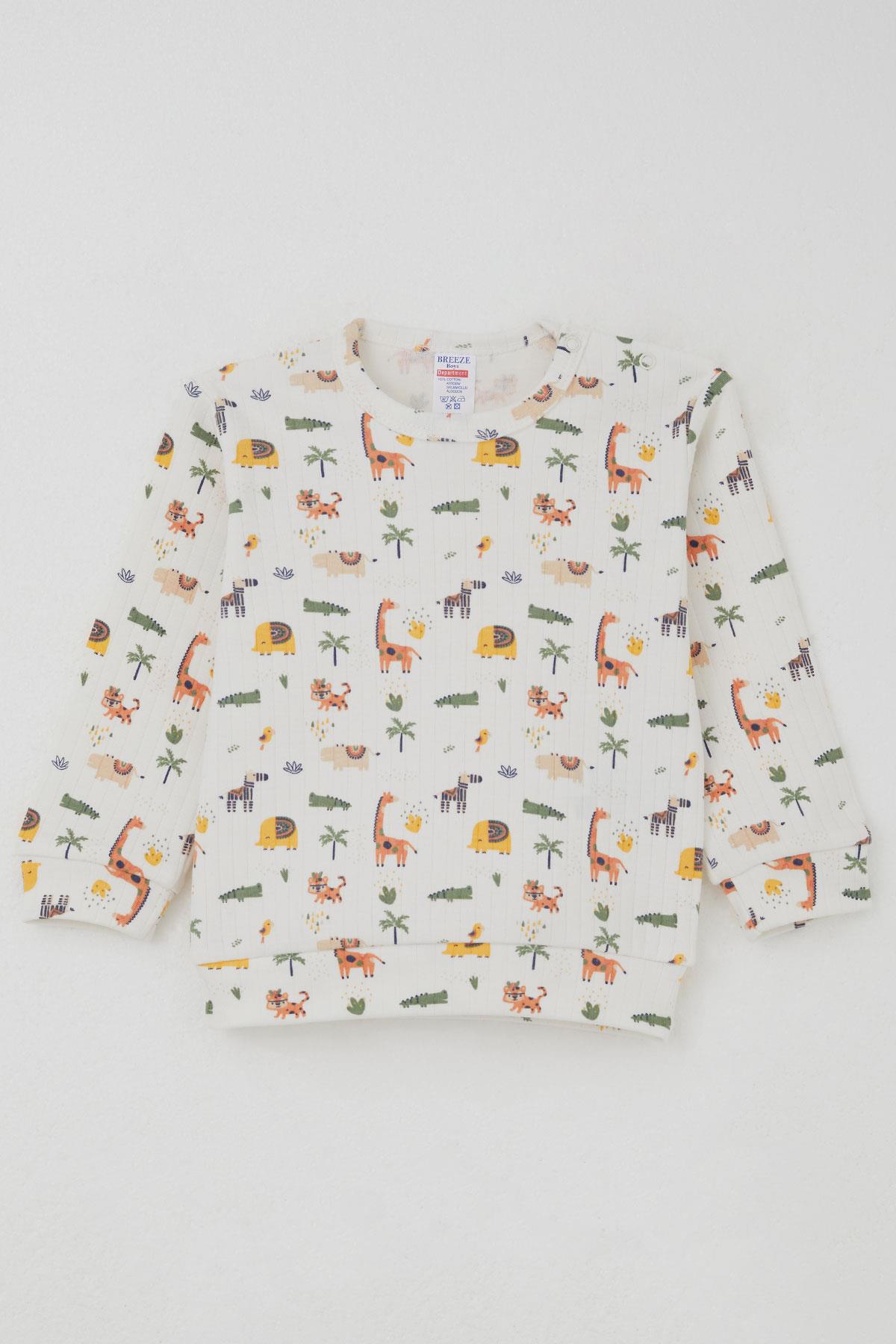 Breeze Erkek Bebek Pijama Takımı Omuzdan Patlı Bebek Hayvanat Bahçesi Ekru (4 Ay-1 Yaş)