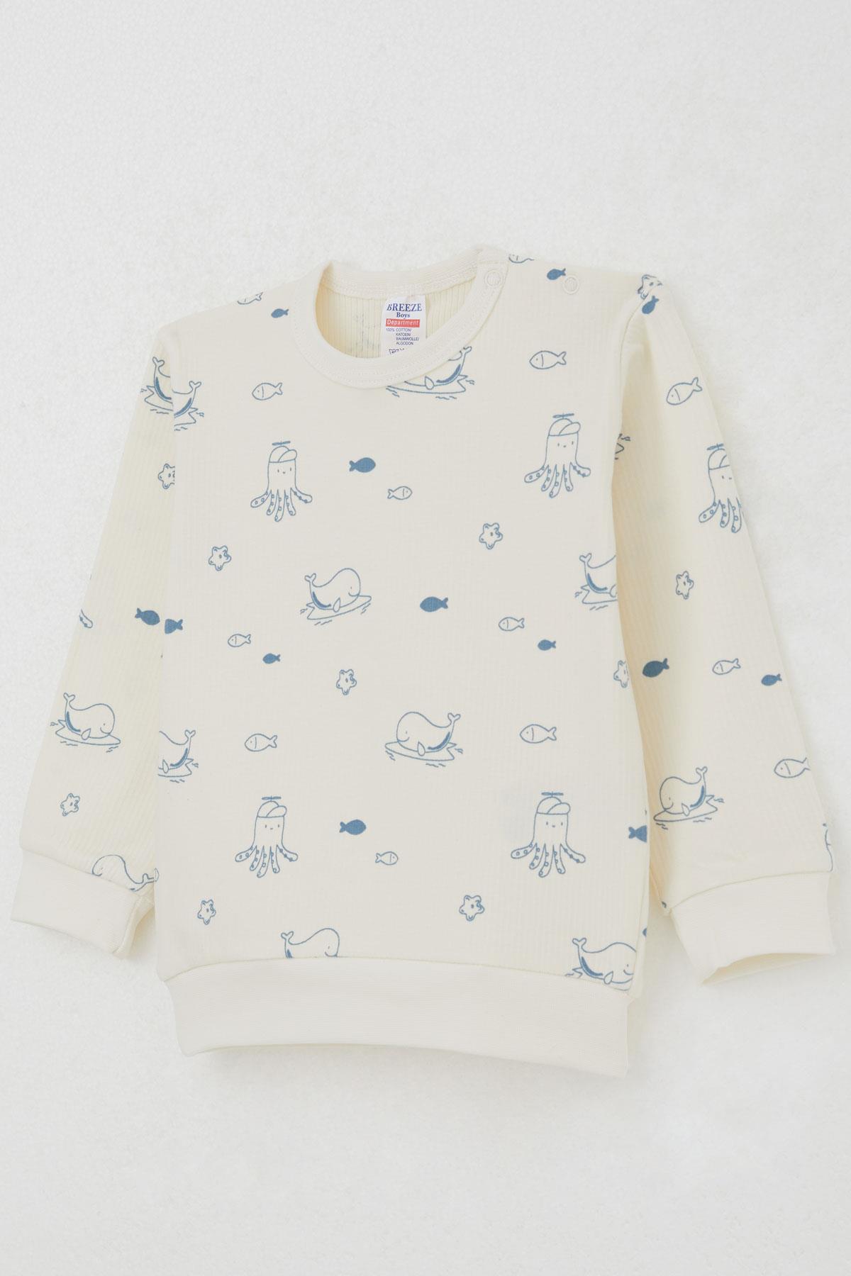 Breeze Erkek Bebek Pijama Takımı Omuzdan Patlı Sevimli Deniz Hayvanları Desenli Krem (4 Ay-1 Yaş)