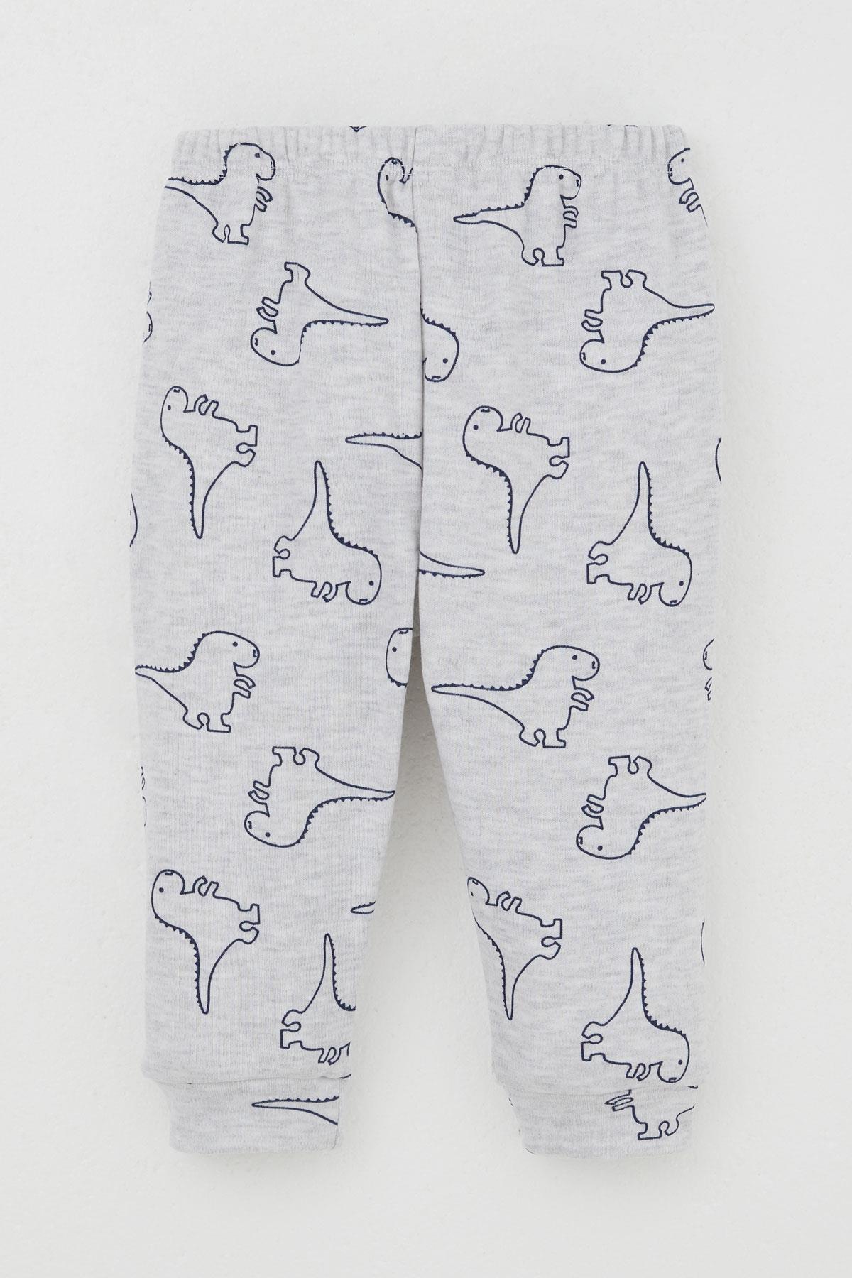 Breeze Erkek Bebek Pijama Takımı Omuzdan Patlı Sevimli Dinozor Desenli Açık Gri Melanj (4 Ay-1 Yaş)