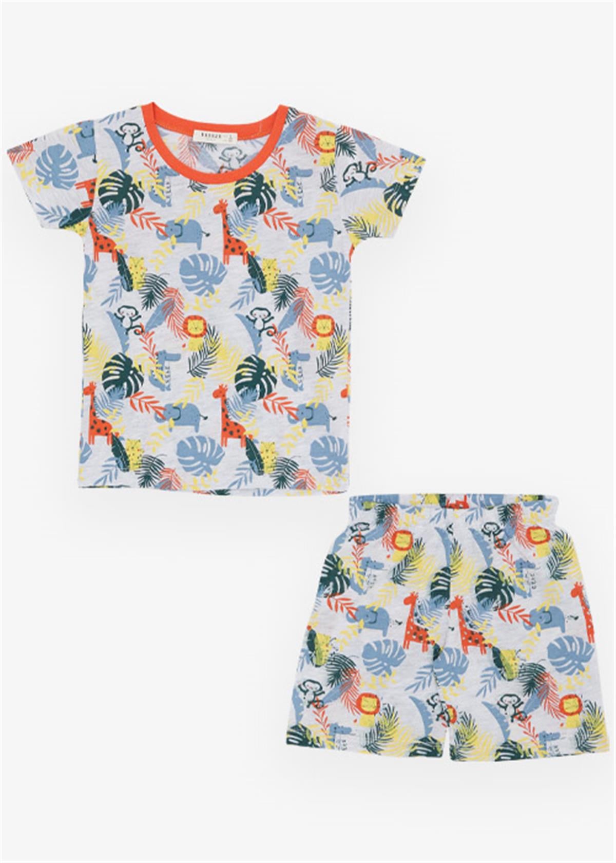 Breeze Erkek Bebek Pijama Takımı Orman Temalı Hayvancık Desenli Gri Melanj (9 Ay-3 Yaş)