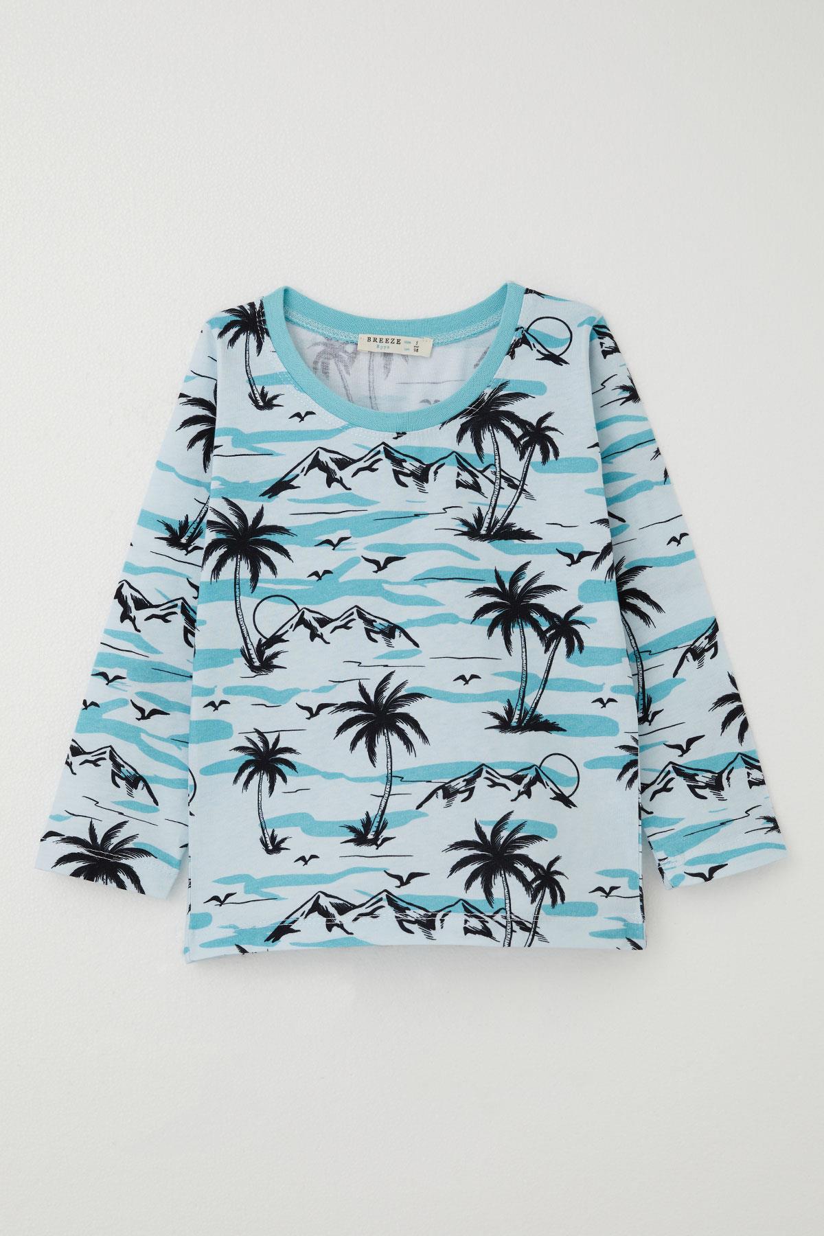 Breeze Erkek Bebek Pijama Takımı Palmiye Ağacı Desenli Açık Mavi (9 Ay-3 Yaş)