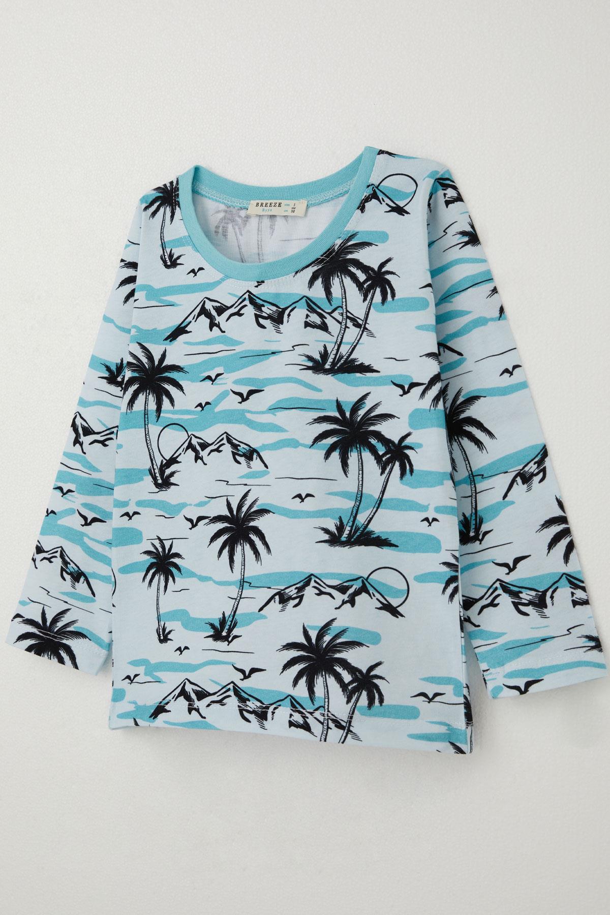 Breeze Erkek Bebek Pijama Takımı Palmiye Ağacı Desenli Açık Mavi (9 Ay-3 Yaş)